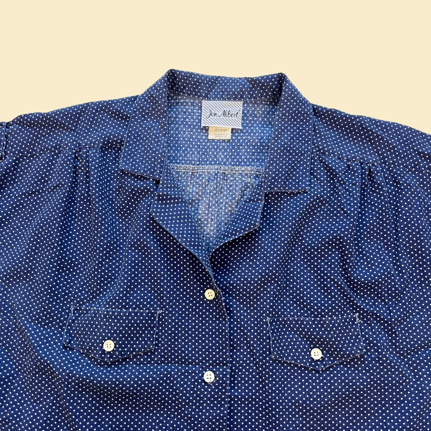 70s/80s blue polka dot blouse, size XL vintage 1970s blue & white short sleeve women's button down shirt