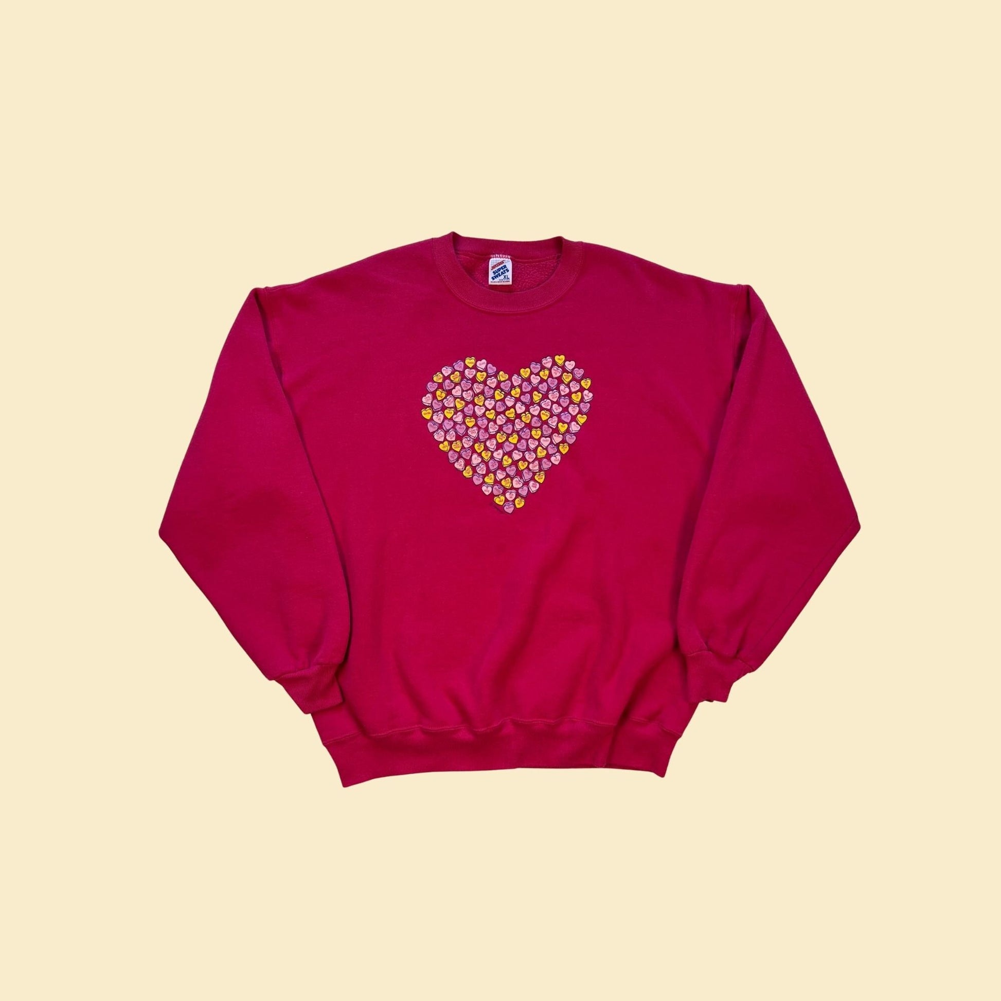 90s candy heart sweatshirt by Jerzees, size XL vintage 1990s pink valentine's day crewneck