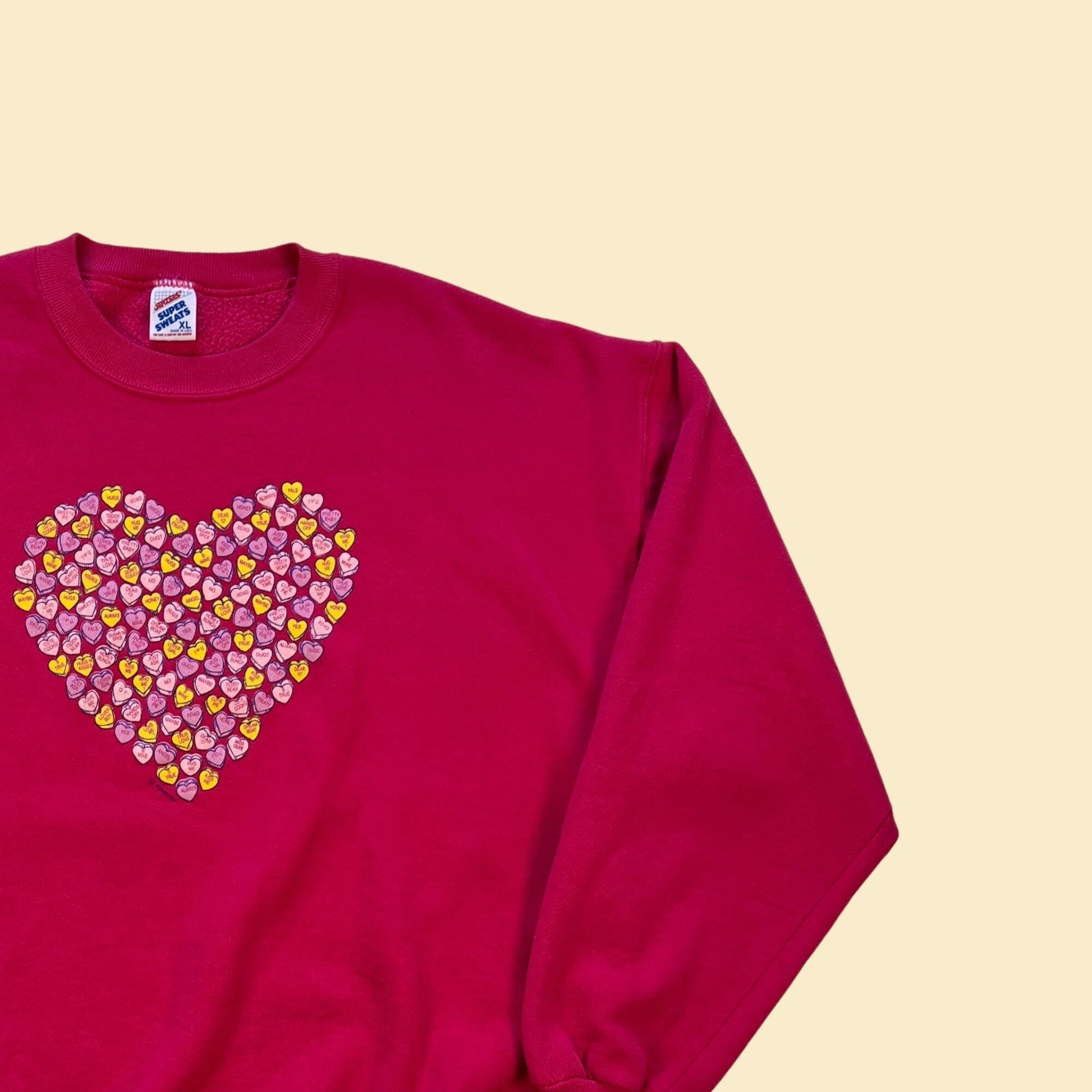 90s candy heart sweatshirt by Jerzees, size XL vintage 1990s pink valentine's day crewneck