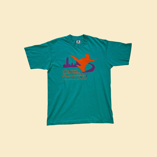 1990s Taekwondo t-shirt by Fruit of the Loom, size L single stitch teal blue, purple, and blue 1993 Tae Kwon Do championships shirt