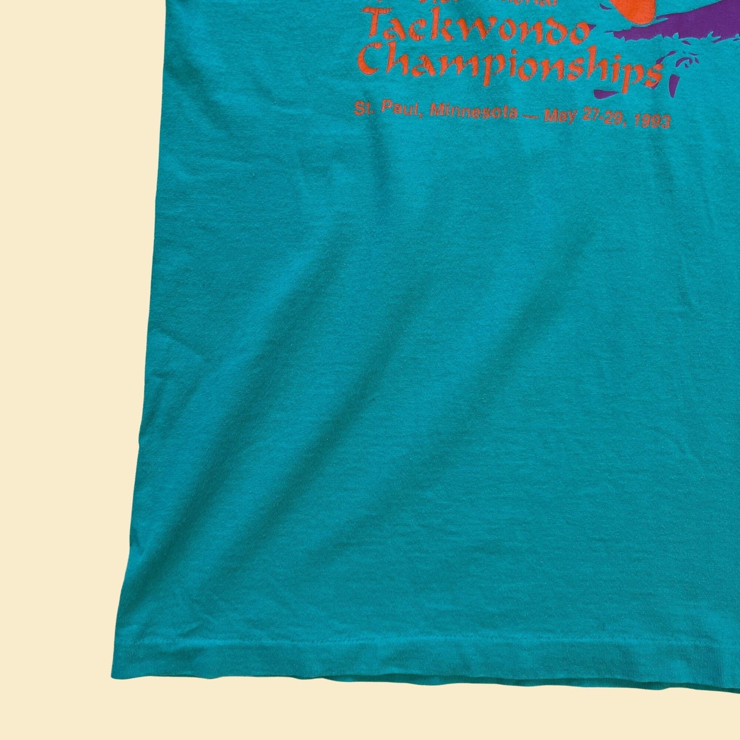 1990s Taekwondo t-shirt by Fruit of the Loom, size L single stitch teal blue, purple, and blue 1993 Tae Kwon Do championships shirt