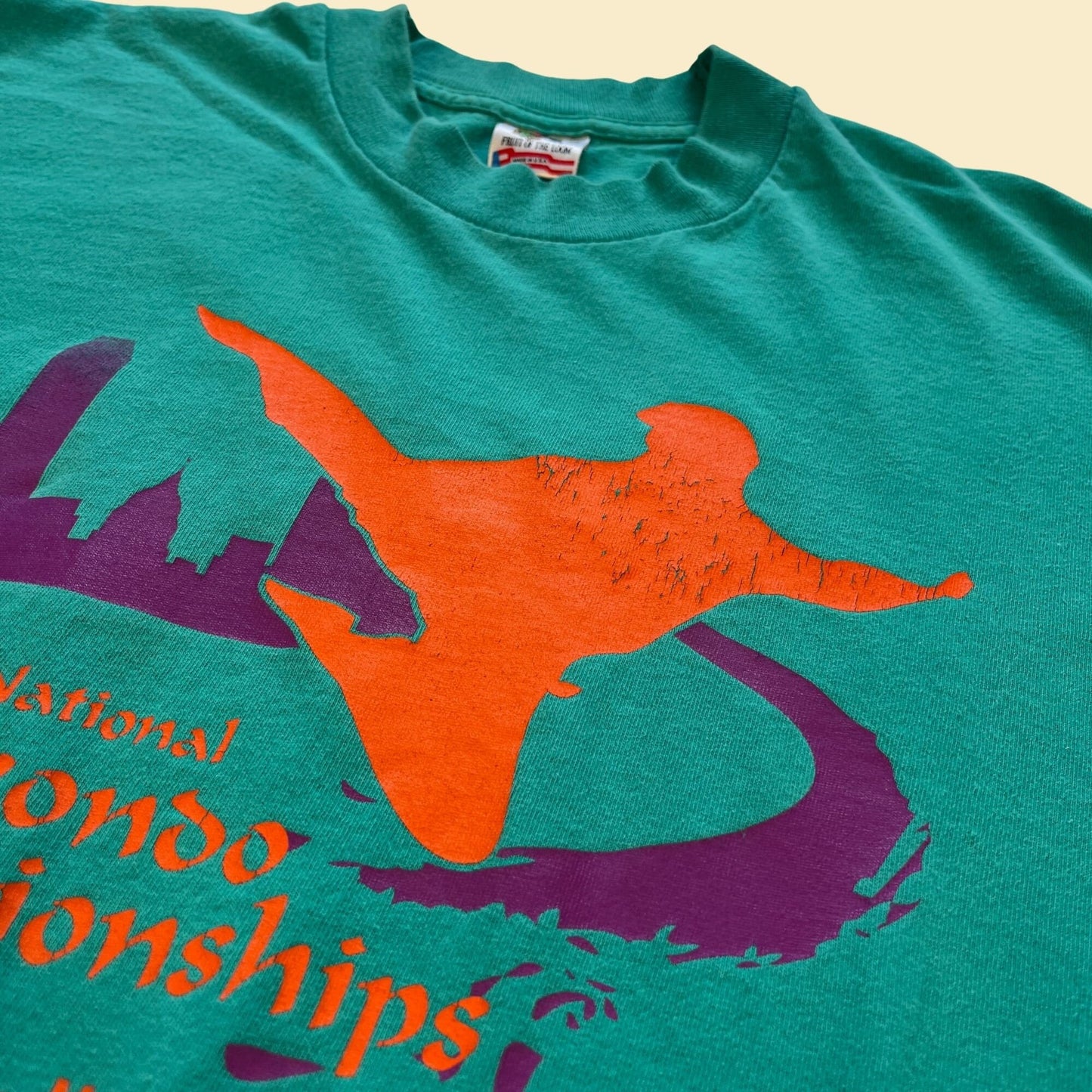 1990s Taekwondo t-shirt by Fruit of the Loom, size L single stitch teal blue, purple, and blue 1993 Tae Kwon Do championships shirt