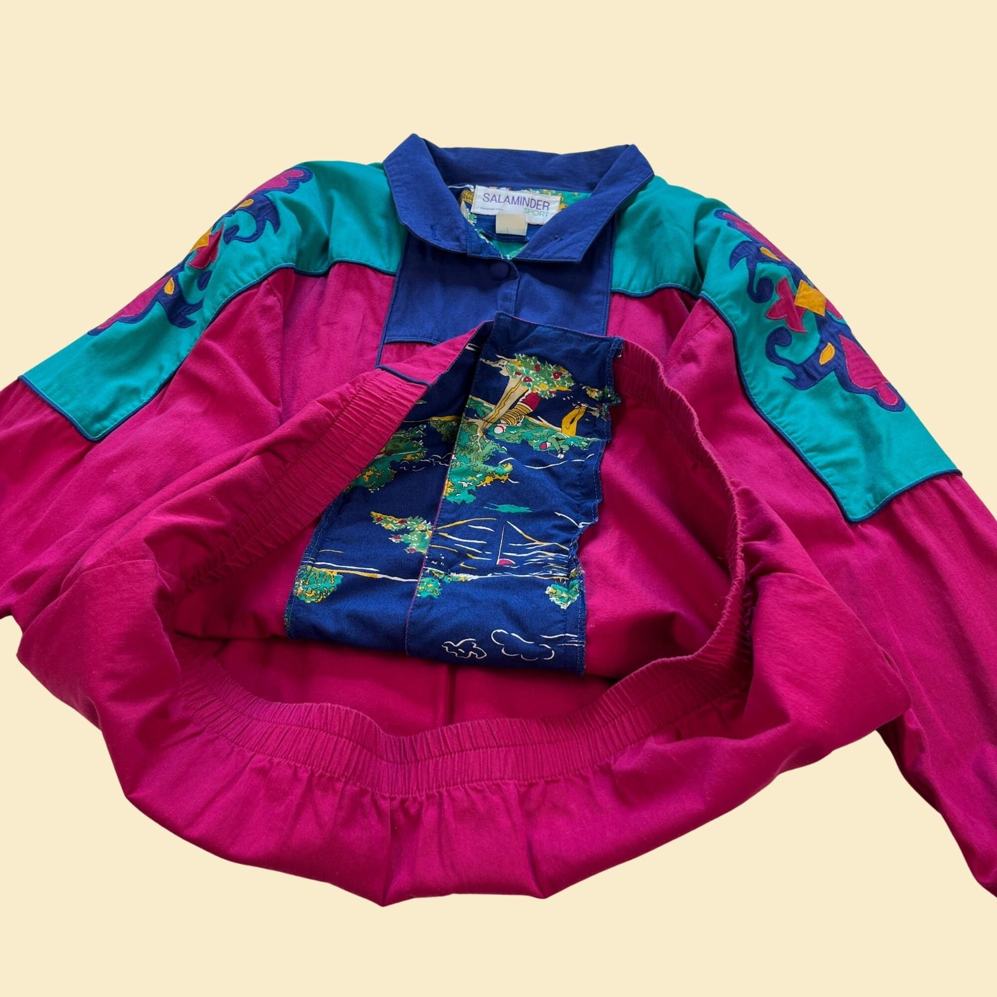 1980s windbreaker jacket by Salaminder Sport, size L vintage 80s teal/blue/pink/yellow zip up jacket