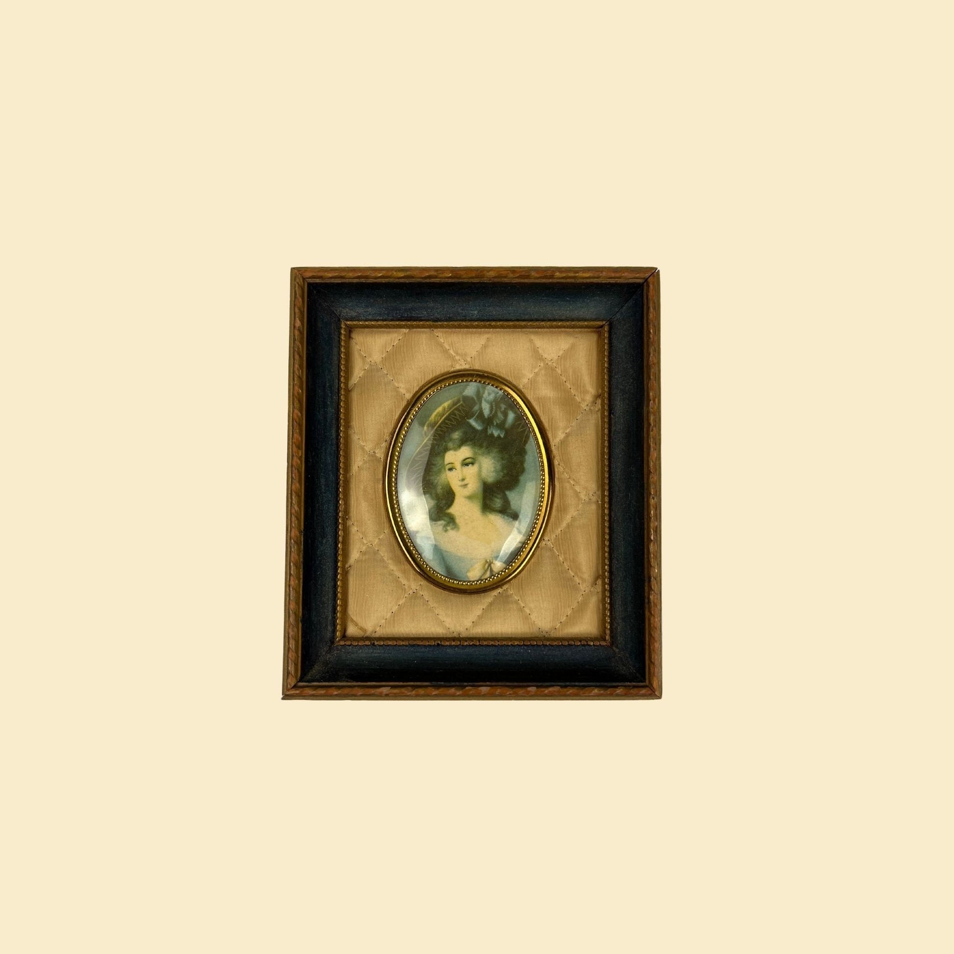 1960s rectangle & oval frame with print of Lady Sheffield by Thomas Gainsborough, vintage 60s framed art w/ quilted orange matting