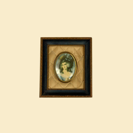 1960s rectangle & oval frame with print of Lady Sheffield by Thomas Gainsborough, vintage 60s framed art w/ quilted orange matting