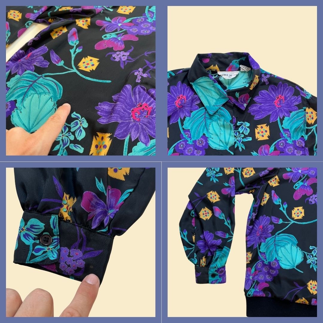 Vintage 80s/90s floral blouse, 1980s Alfred Dunner size 14 black & purple abstract flower patterned half-button-down