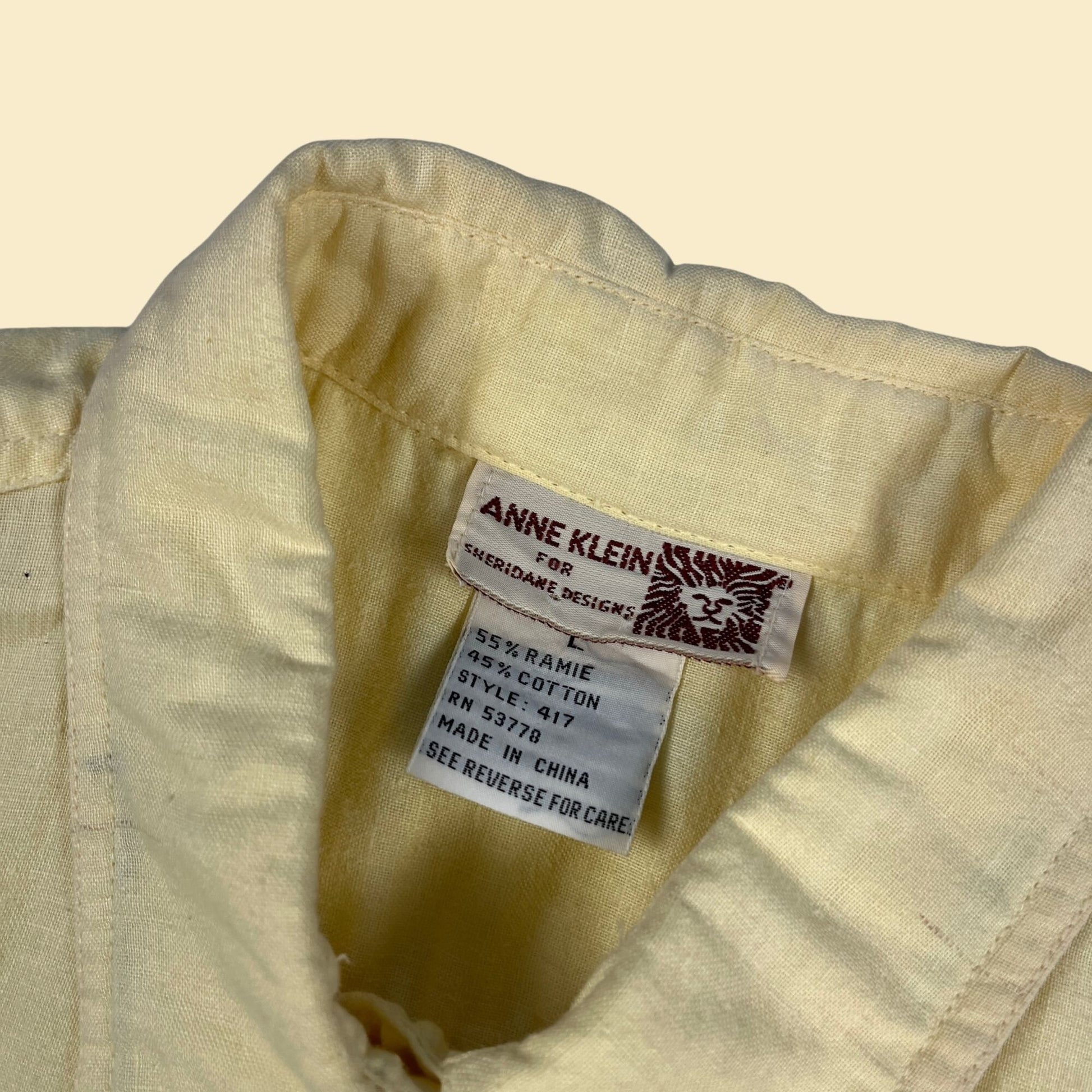 1990s yellow blouse by Anne Klein for Sheridane Designs, size L vintage 90s button down women's short sleeve shirt