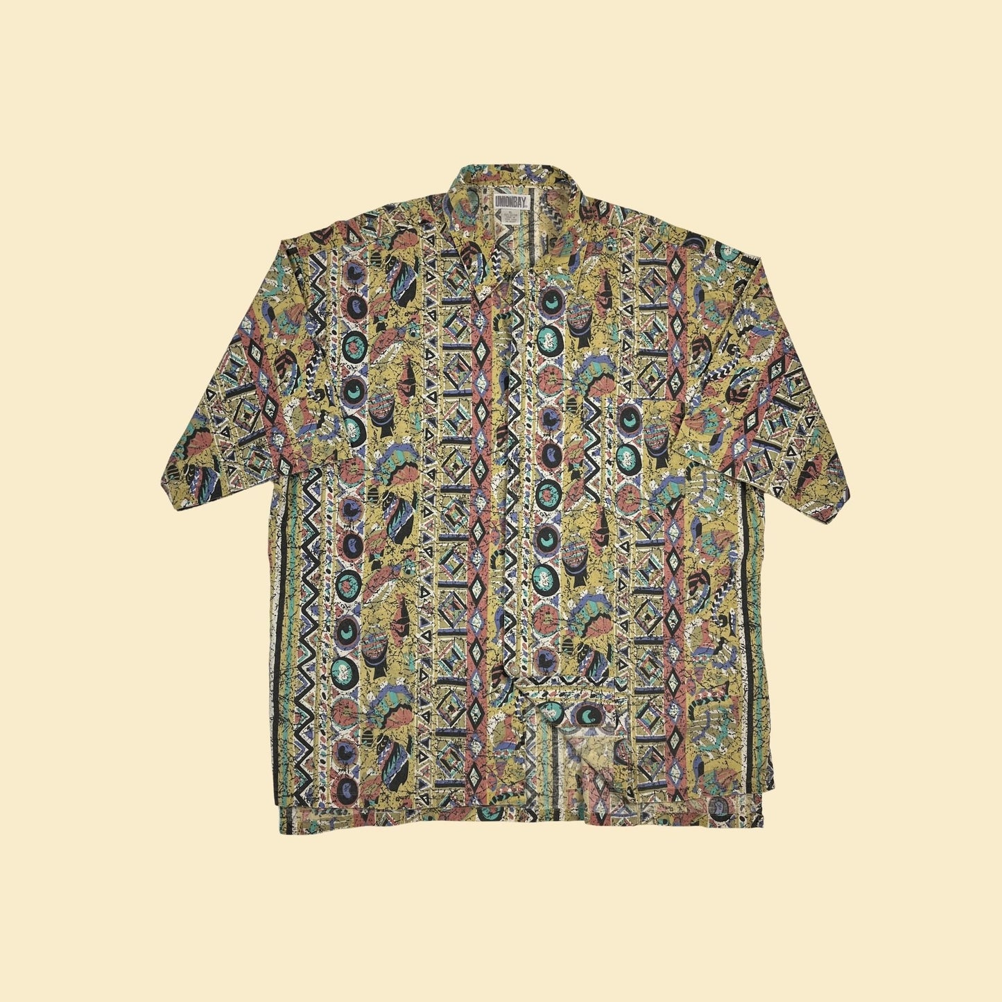 90s XL men's abstract shirt by Union Bay, vintage 1990s geometric button down men's fish patterned top