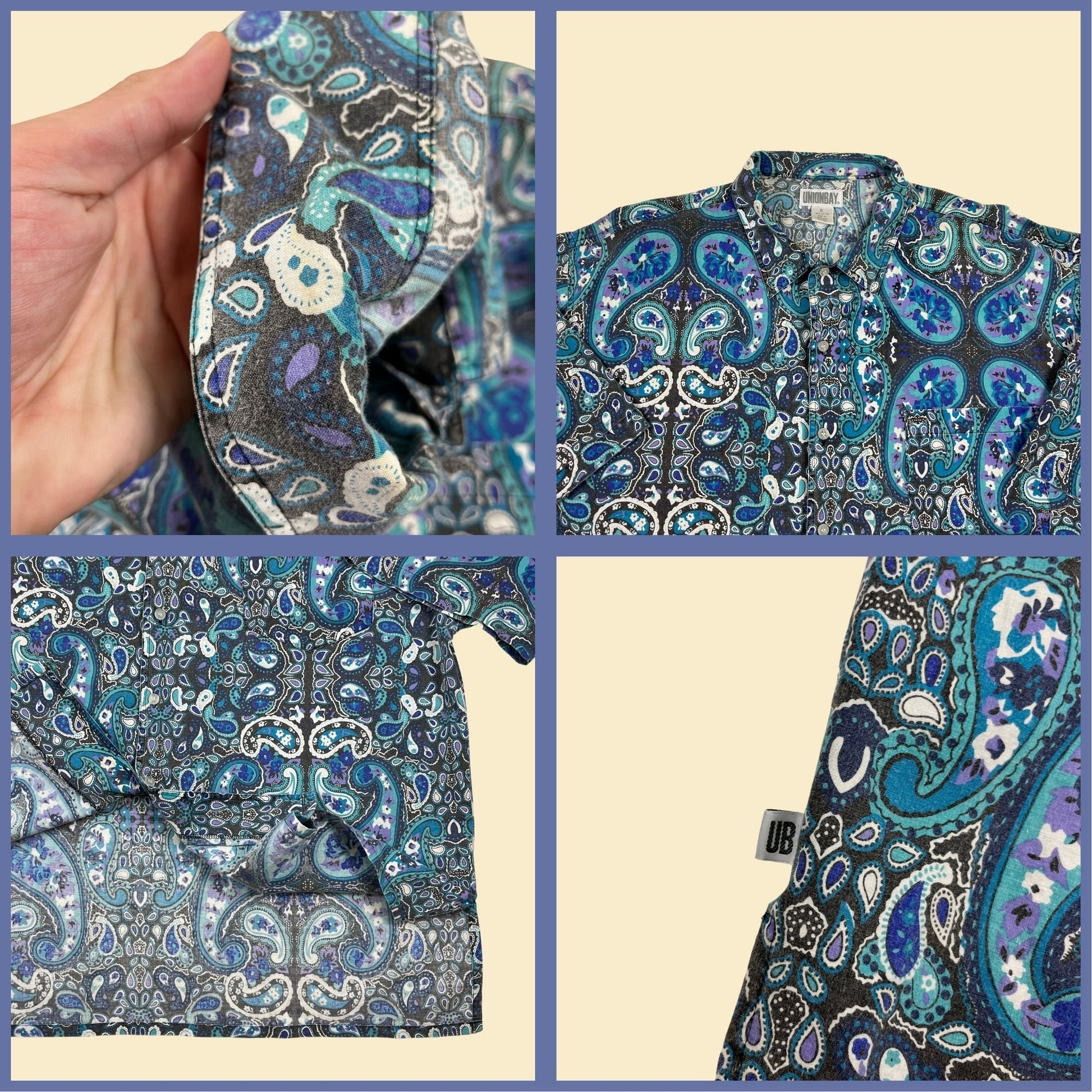 1990s XL paisley men's button down shirt by Union Bay, vintage 90s blue/purple/black/white abstract casual top