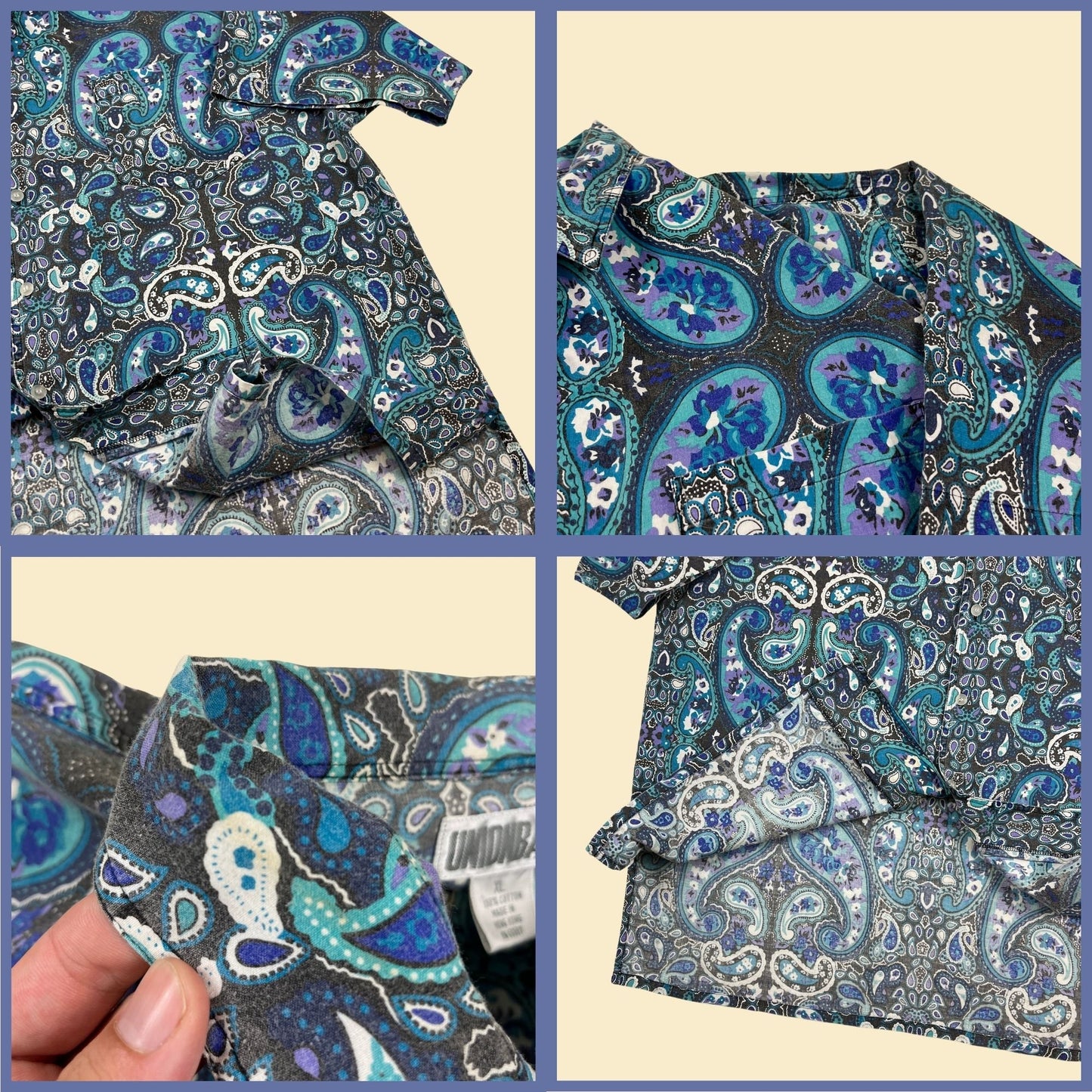 1990s XL paisley men's button down shirt by Union Bay, vintage 90s blue/purple/black/white abstract casual top