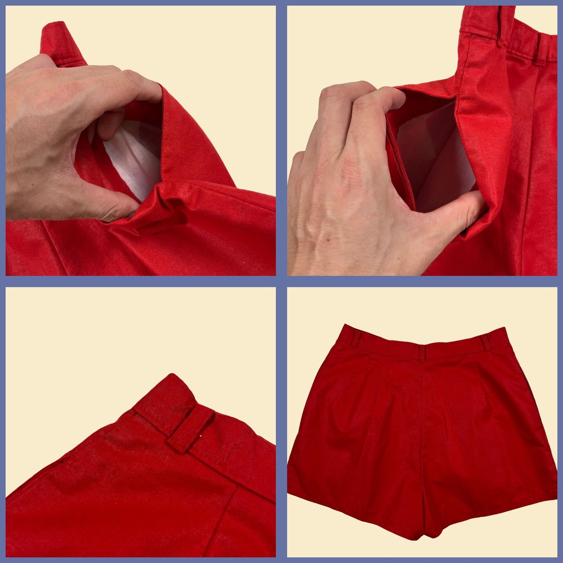 1970s red pleated shorts by Silver Unicorn, size 11 (27-28" waist), vintage 70s red pleated high-waisted shorts