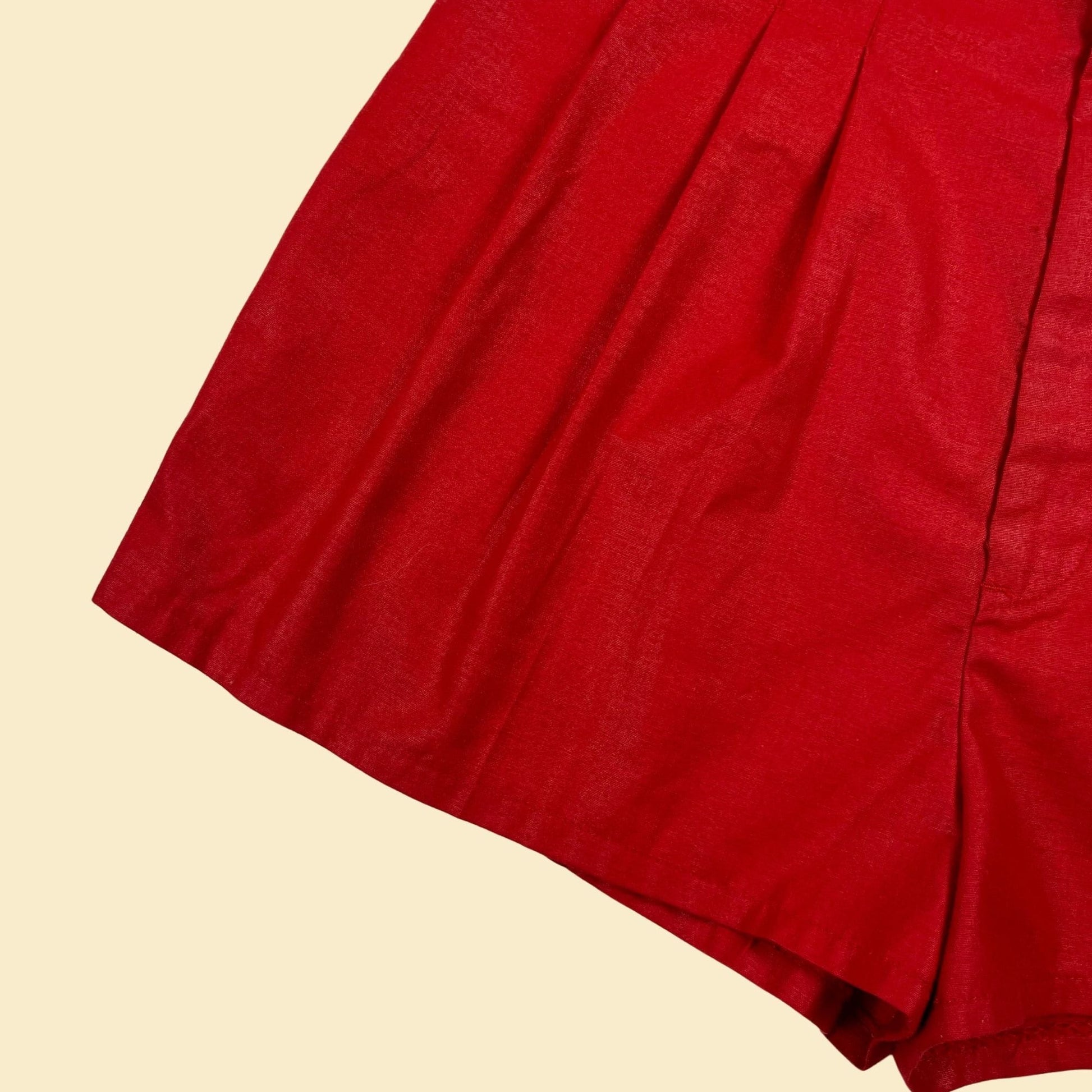 1970s red pleated shorts by Silver Unicorn, size 11 (27-28" waist), vintage 70s red pleated high-waisted shorts