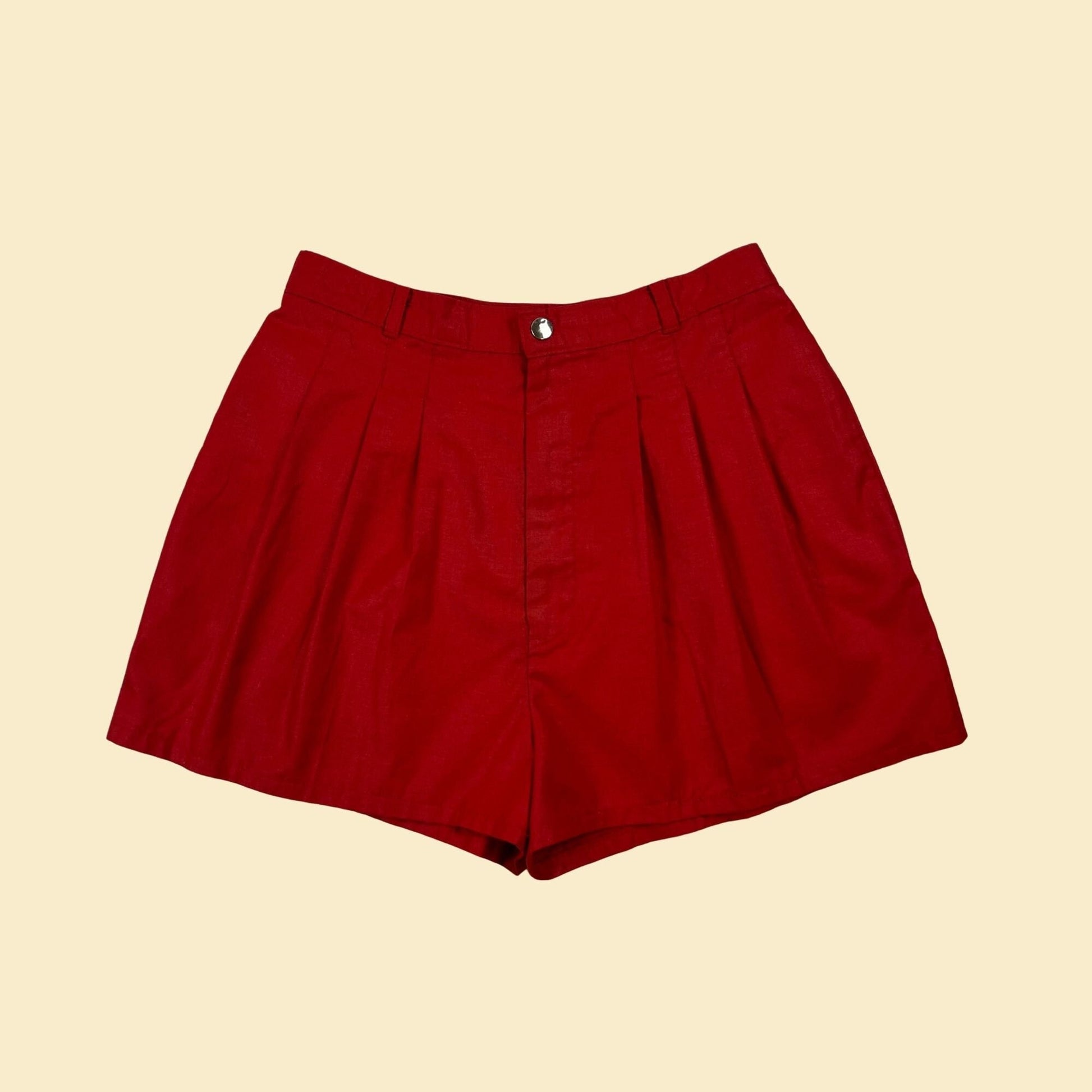 1970s red pleated shorts by Silver Unicorn, size 11 (27-28" waist), vintage 70s red pleated high-waisted shorts