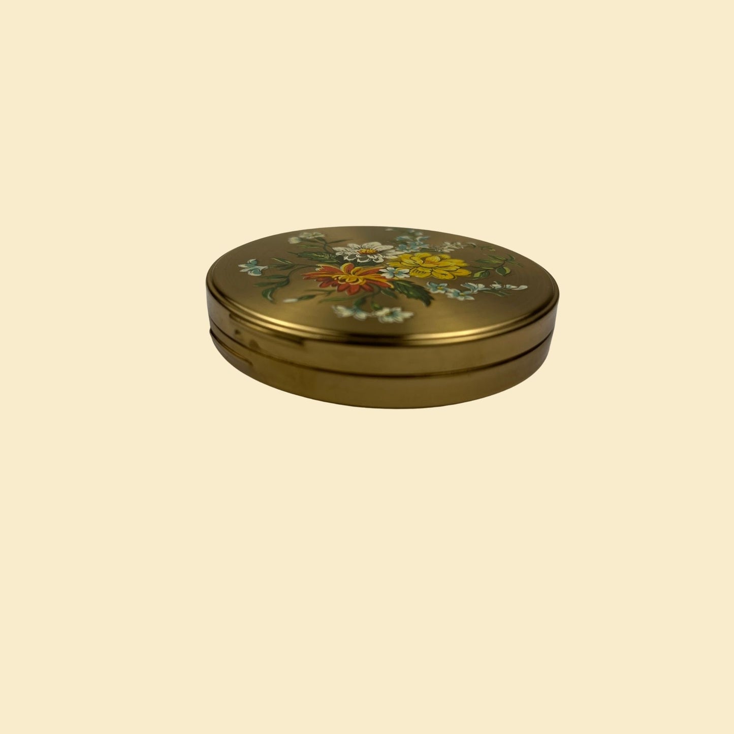 1960s Margaret Rose compact, vintage 60s gold-toned circular compact w/ red & yellow flower pattern, made in England