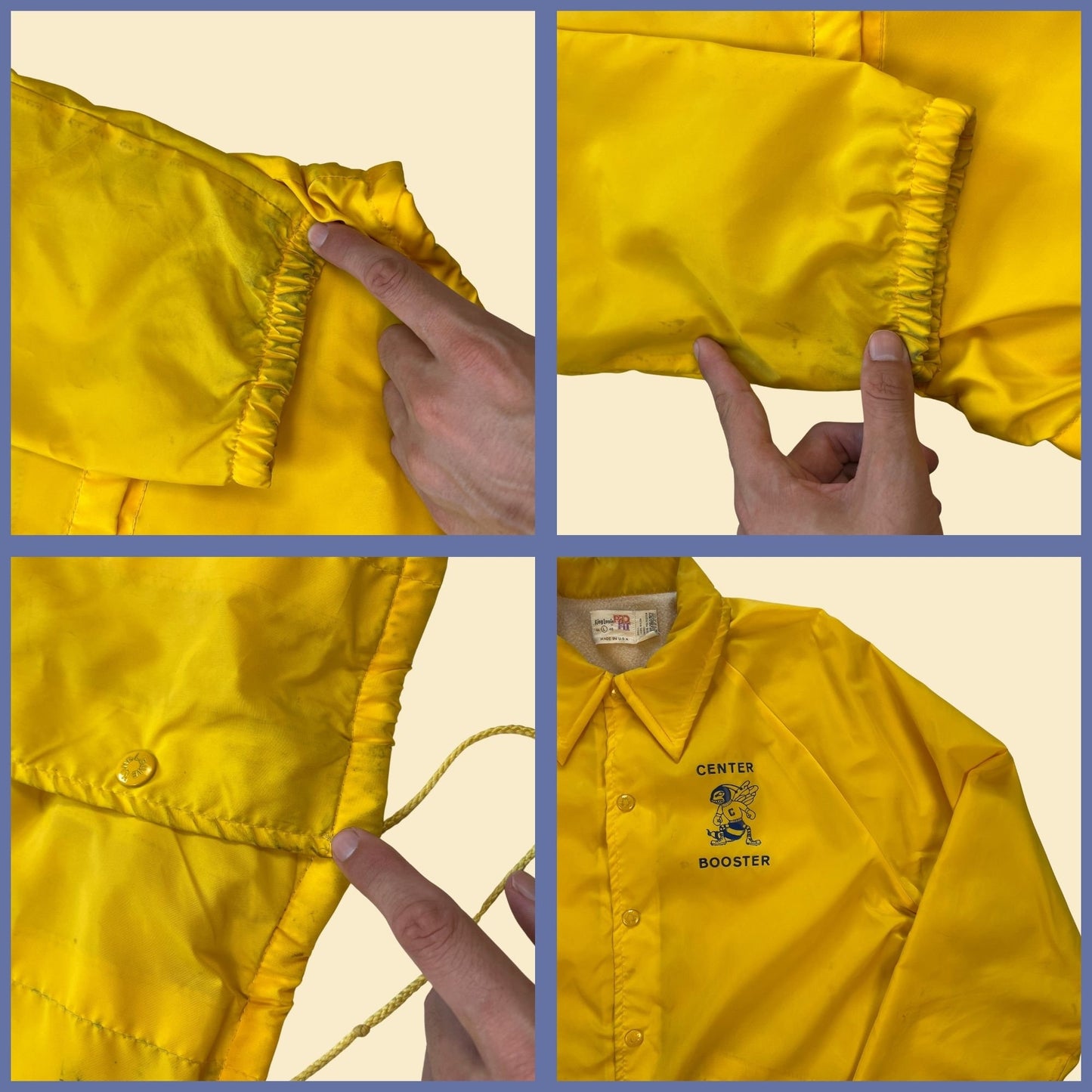 1980s yellow windbreaker by King Louie Pro Fit, size L vintage 80s blue & yellow 'Center Booster' hornets snap clasp jacket