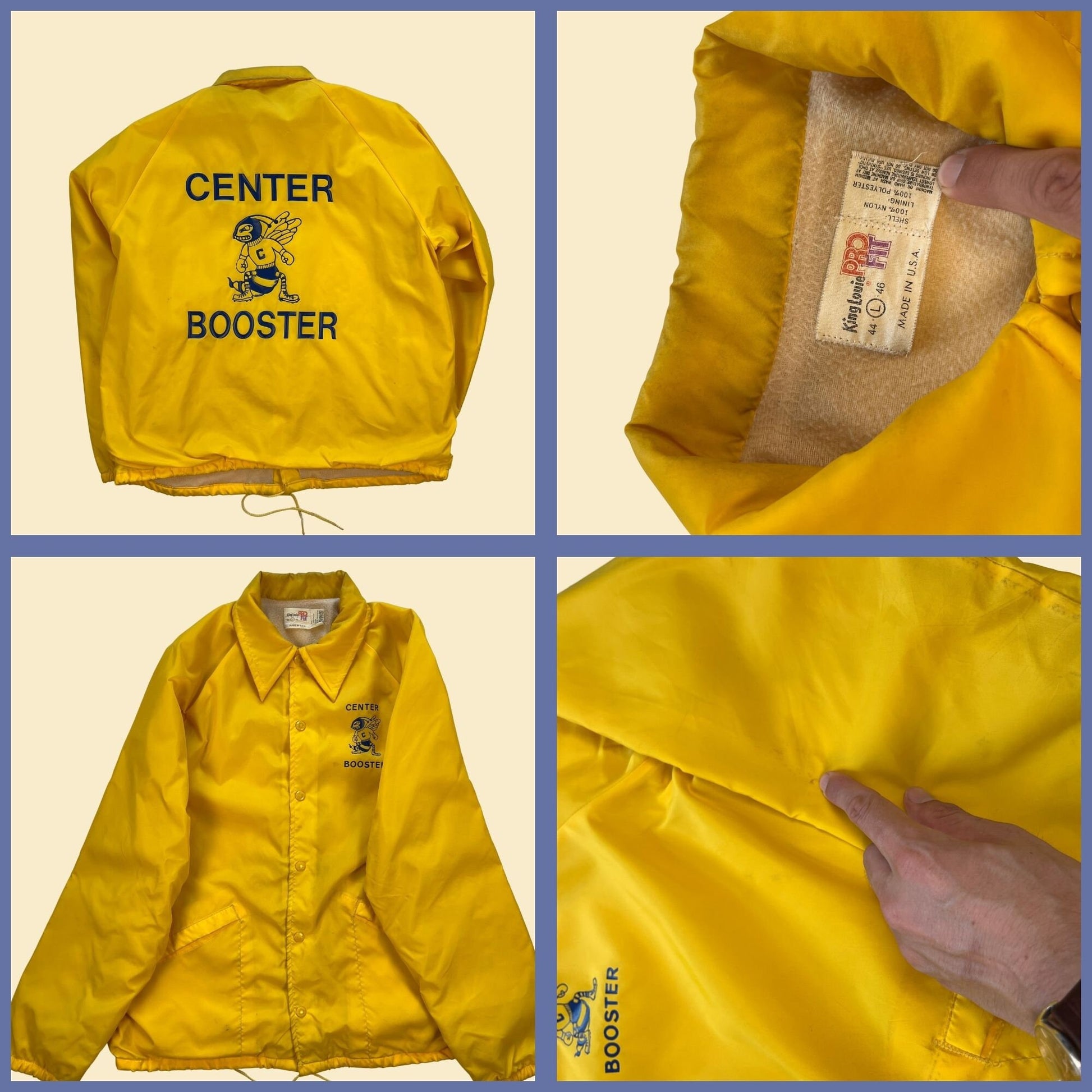 1980s yellow windbreaker by King Louie Pro Fit, size L vintage 80s blue & yellow 'Center Booster' hornets snap clasp jacket