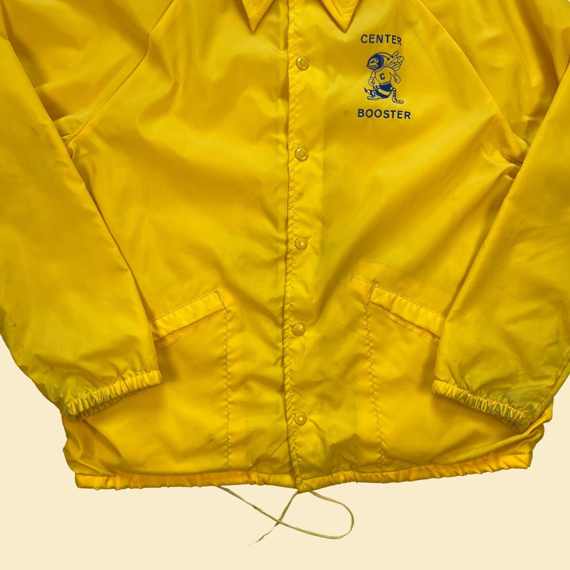 1980s yellow windbreaker by King Louie Pro Fit, size L vintage 80s blue & yellow 'Center Booster' hornets snap clasp jacket