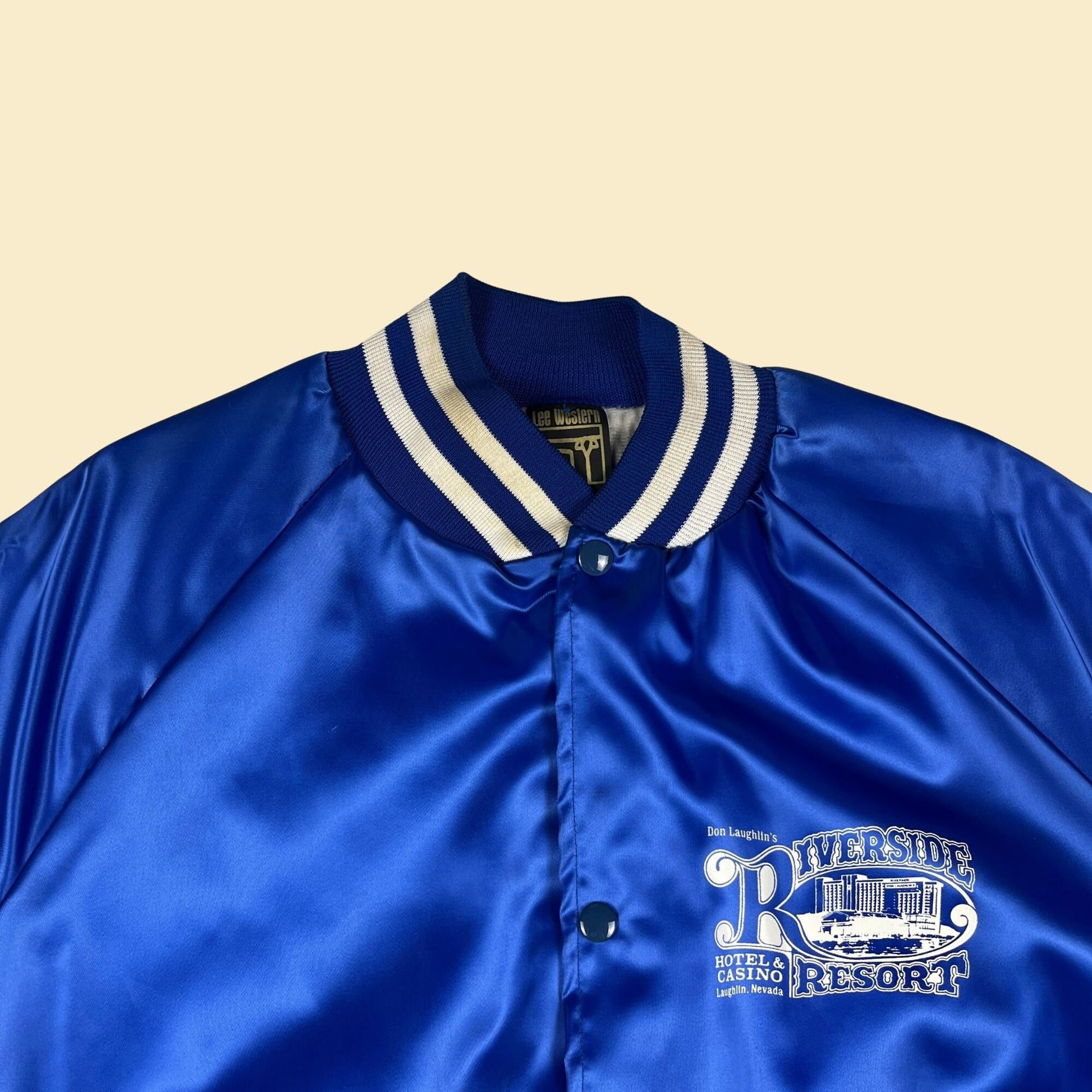 1980s Lee Western XL bomber jacket, vintage 80s satin blue casino logo windbreaker jacket