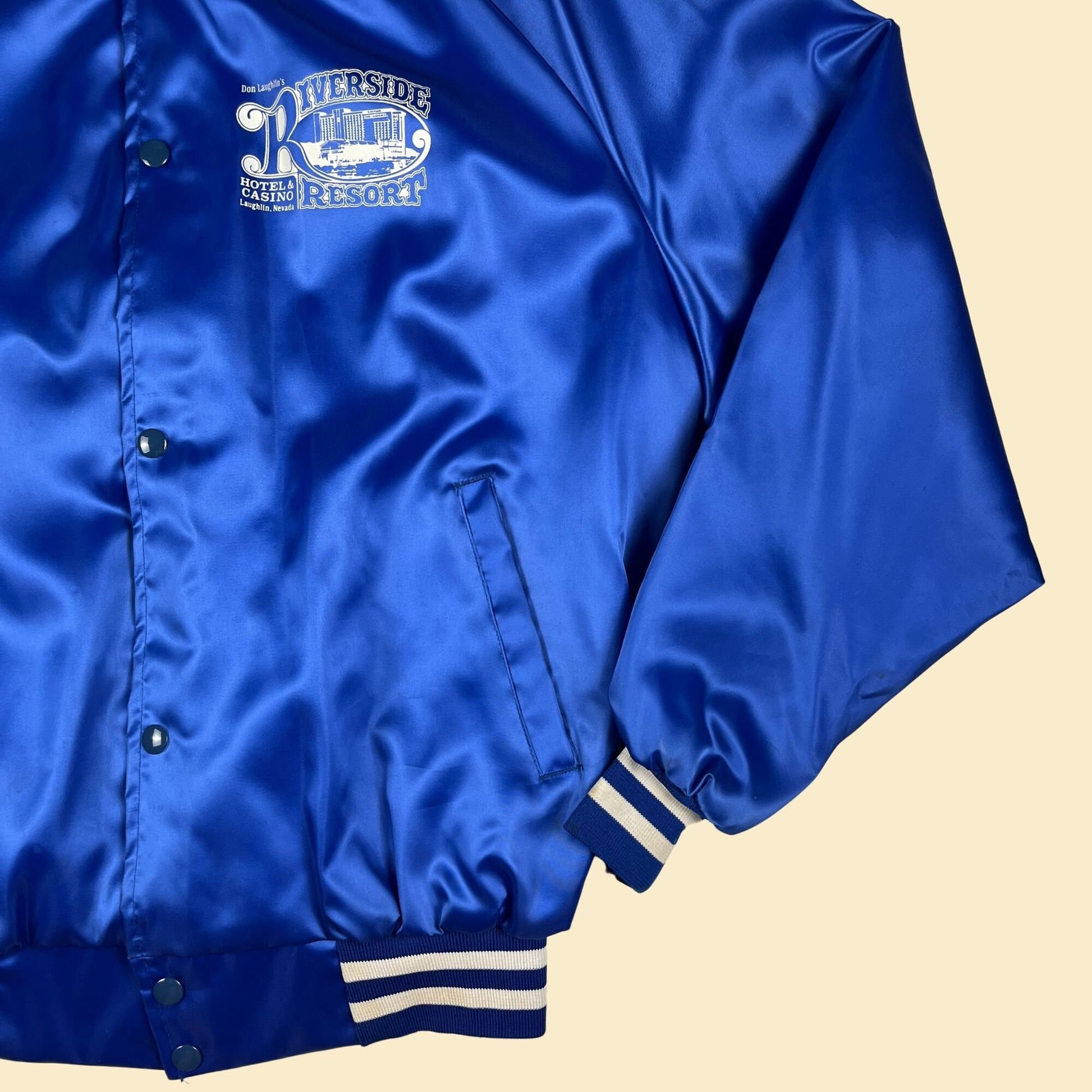 1980s Lee Western XL bomber jacket, vintage 80s satin blue casino logo windbreaker jacket