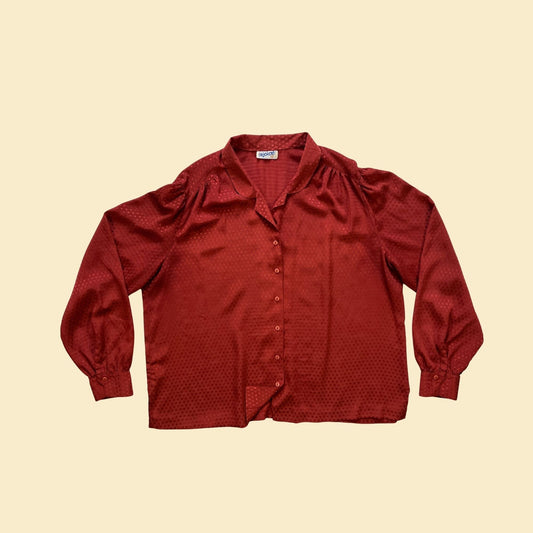 1980s women's burgundy/orange blouse by Rejoice, vintage 80s long-sleeve satin pleated button down shirt