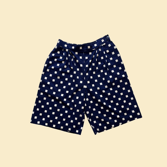 Vintage 70s/80s high-waisted shorts by Salaminder, blue & white geometric 1970s box patterned women's shorts, 28" waist shorts