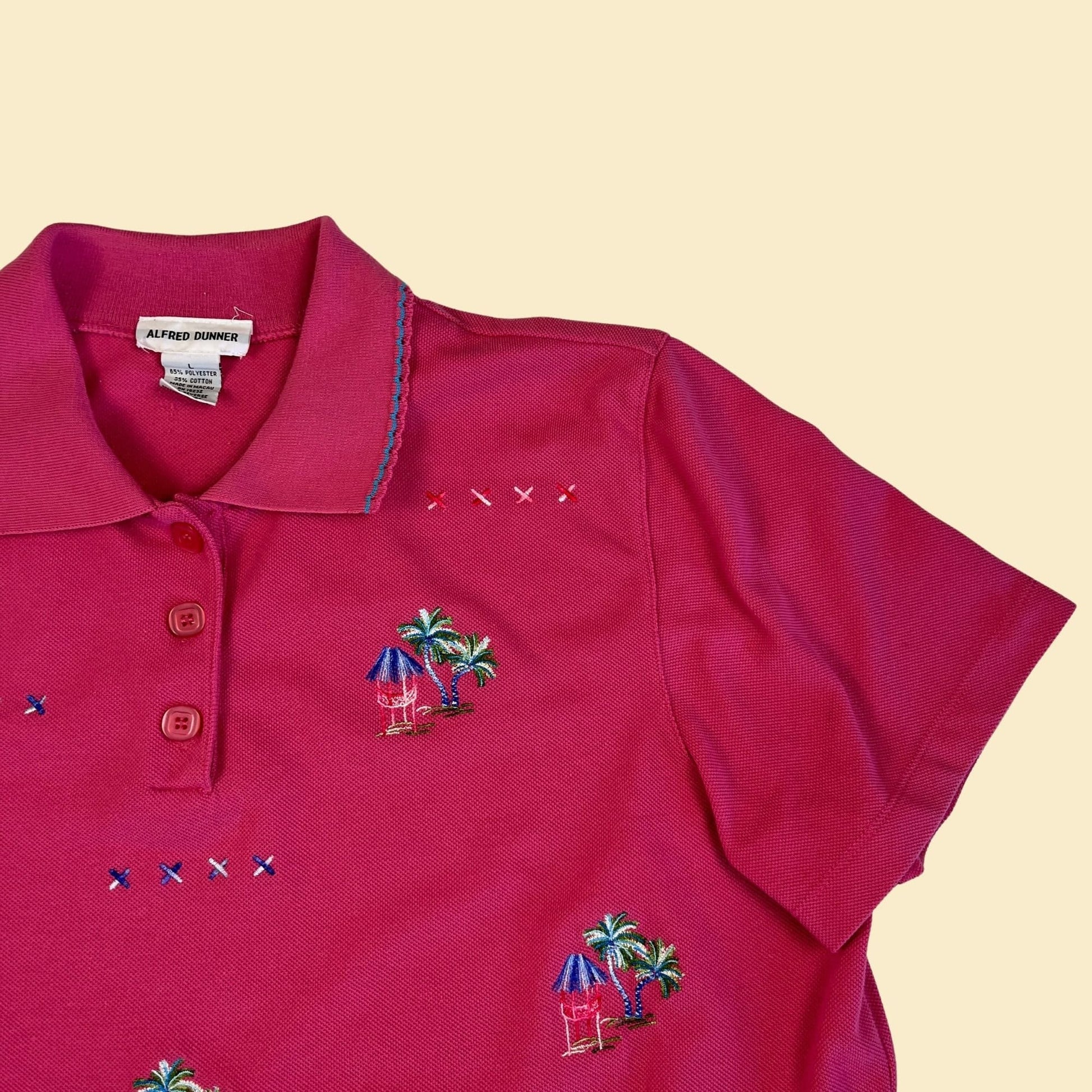 1990s women's tropical polo shirt, vintage size L pink 90s tourist/vacation shirt