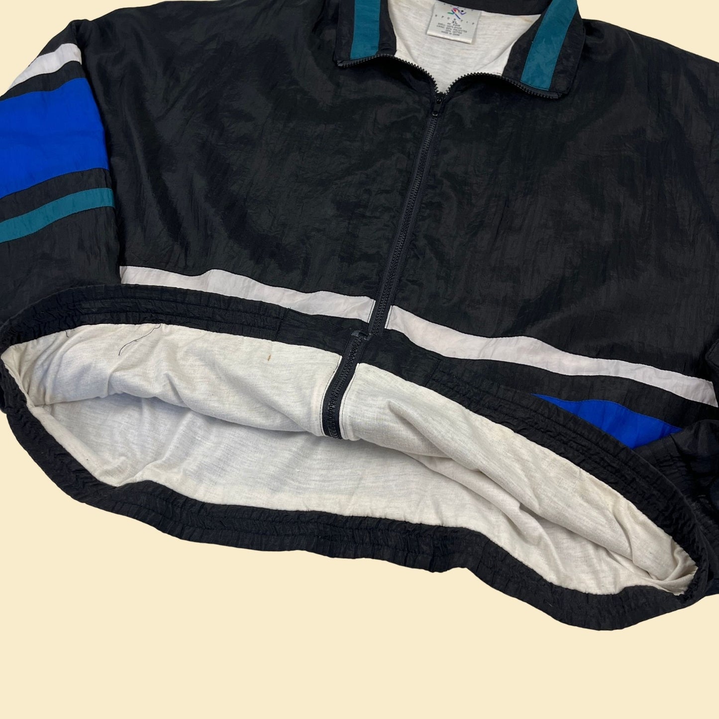 1990s windbreaker jacket by Avait Sportif, vintage 90s XL black & blue color block zip up trainer jacket