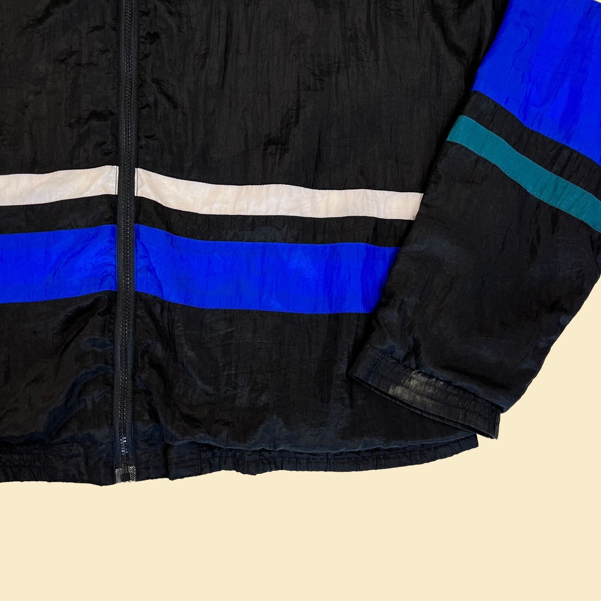 1990s windbreaker jacket by Avait Sportif, vintage 90s XL black & blue color block zip up trainer jacket