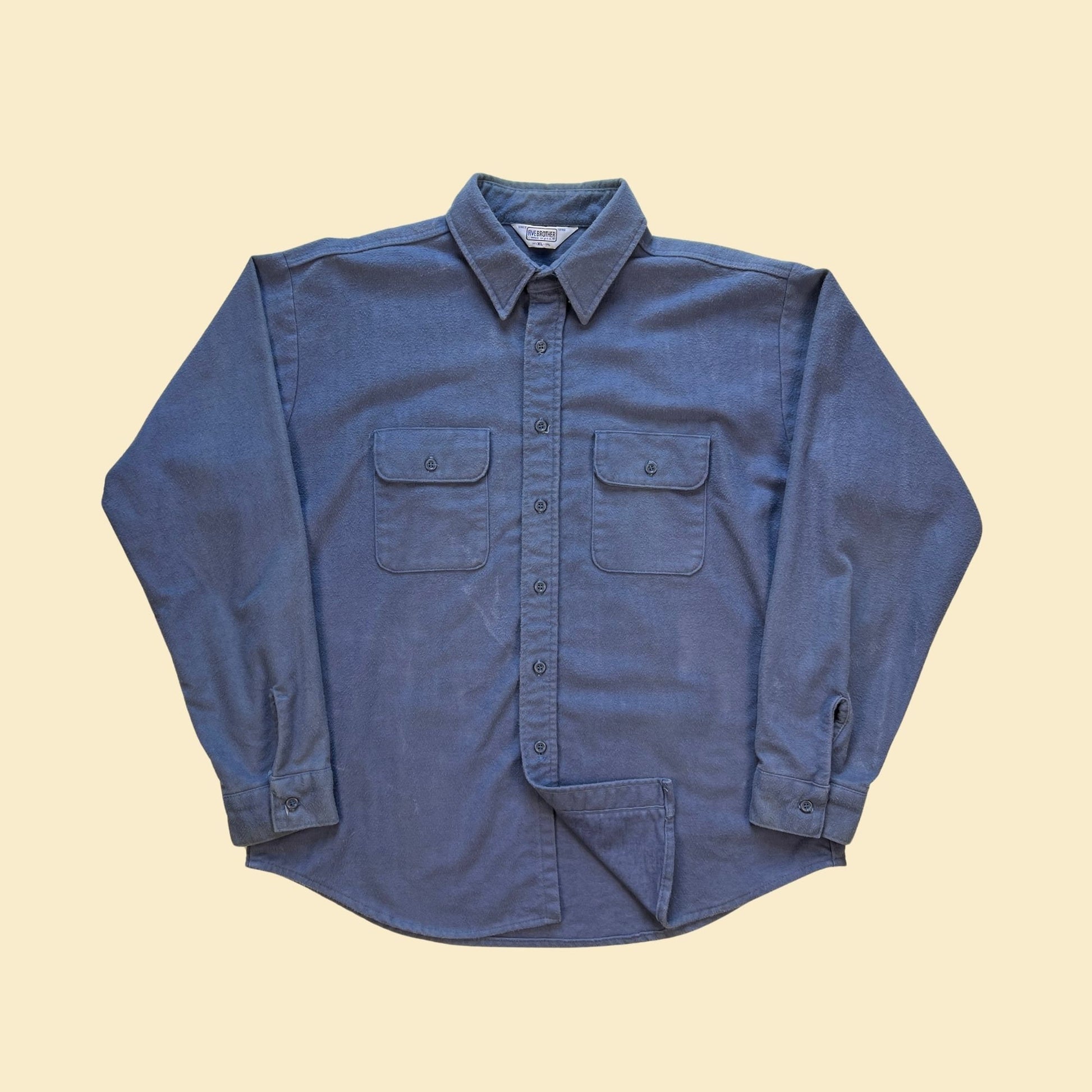 1980s XL Five Brothers blue cotton shirt, vintage 80s long sleeve button down men's shirt