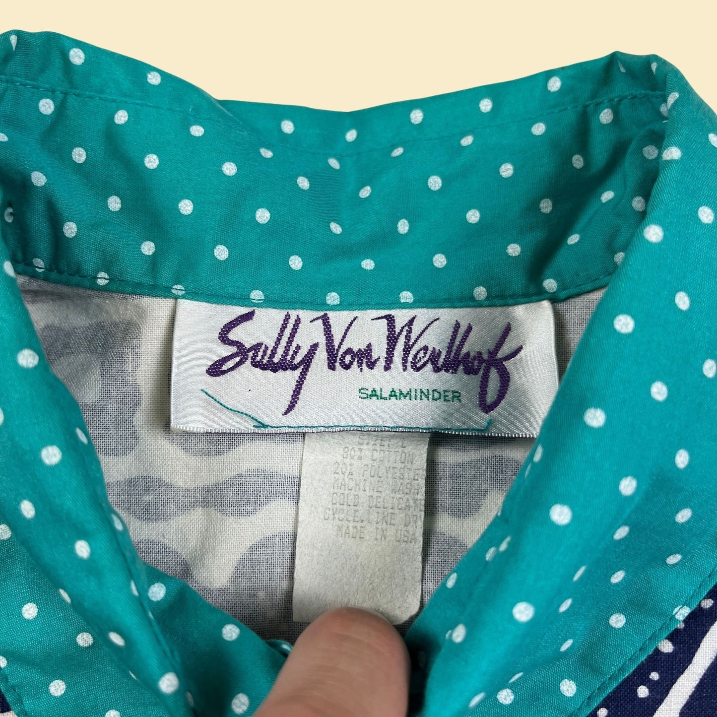 1970s polka dot L blouse by Sally Von Werlhof, Salaminder, vintage 70s blue, pink & teal button down shirt