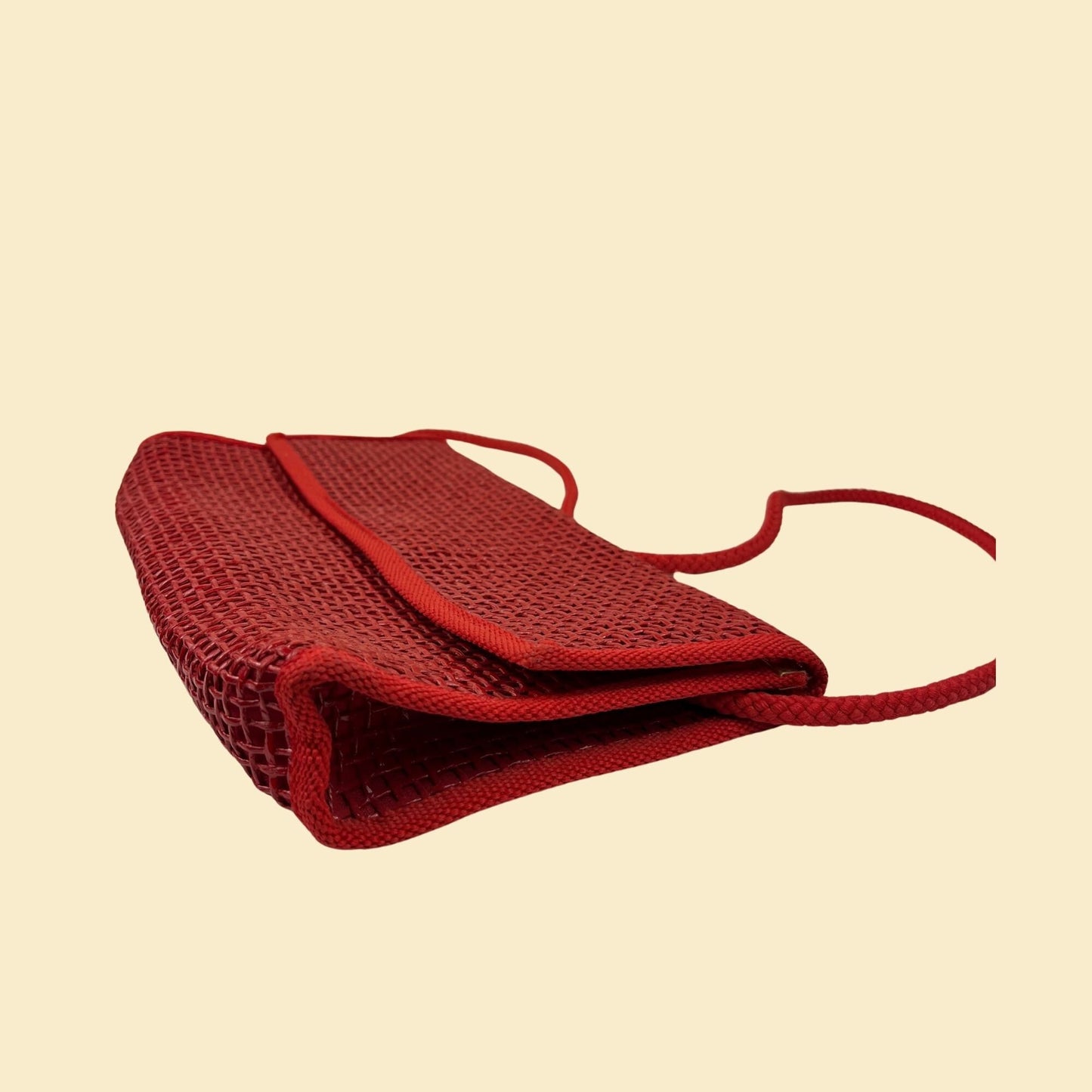 1970s red mesh handbag, Italian-made vintage 70s red shoulder envelope bag w/ silicon window-pane pattern