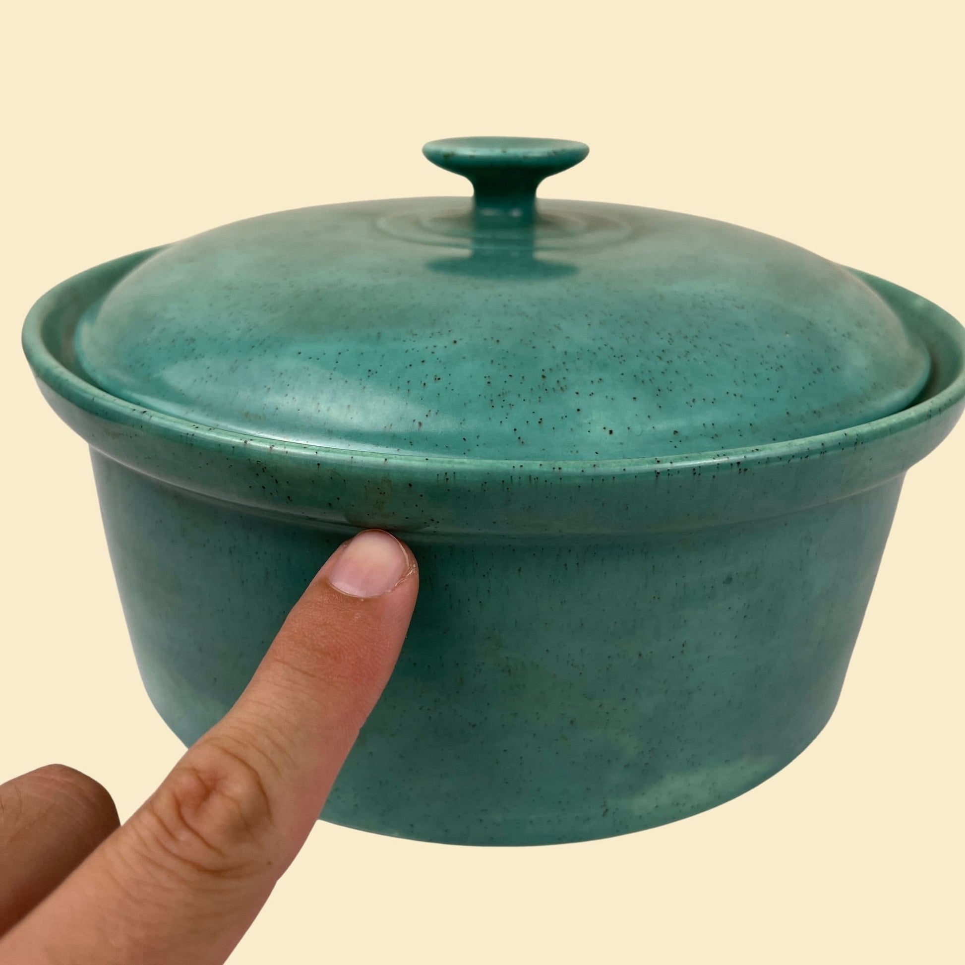 1970s ceramic casserole dish, vintage teal blue/green 'Eolo 70' lidded pot