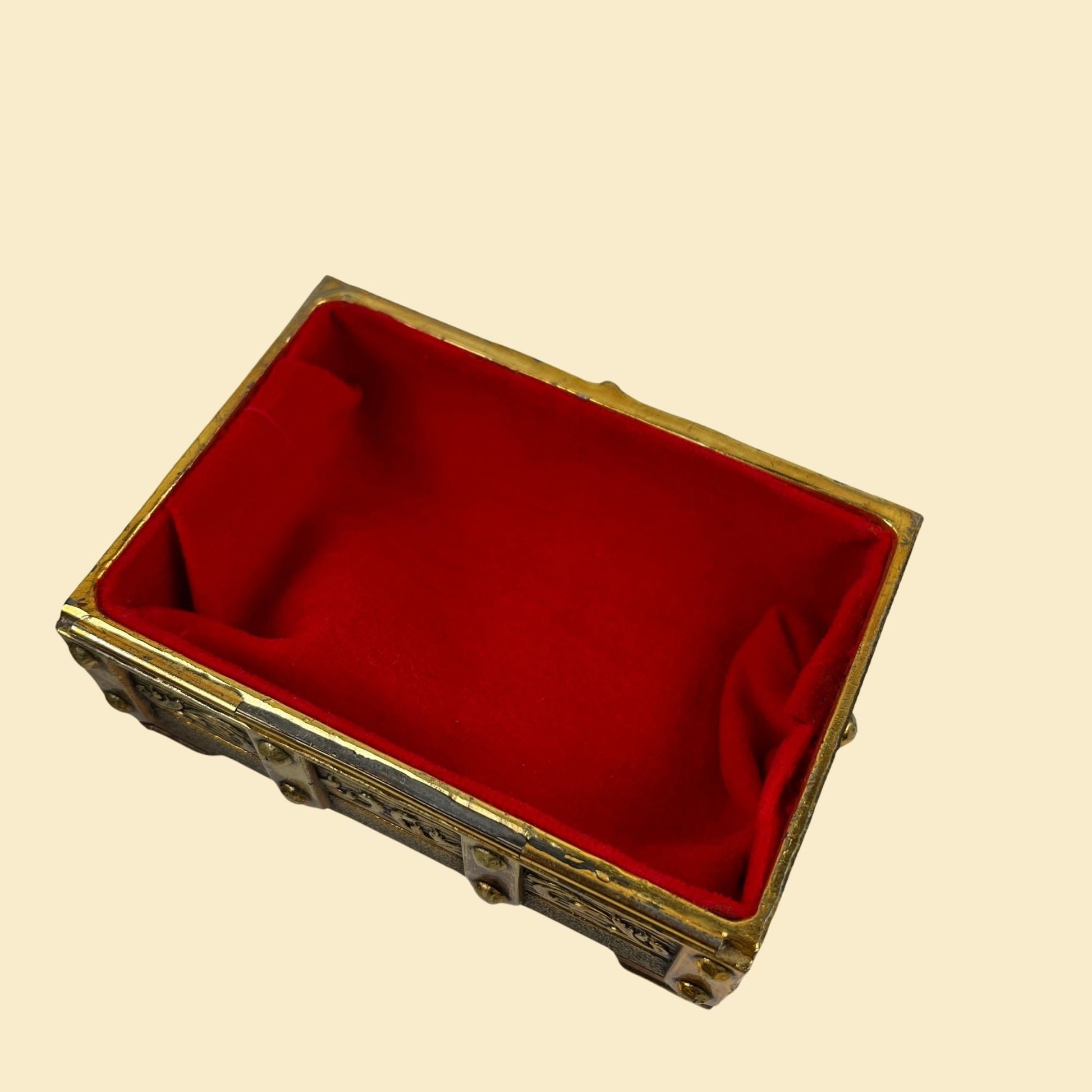 Vintage 60s/70s brass jewelry box, intricate brass/gold toned rectangular trinket box w/ red lining