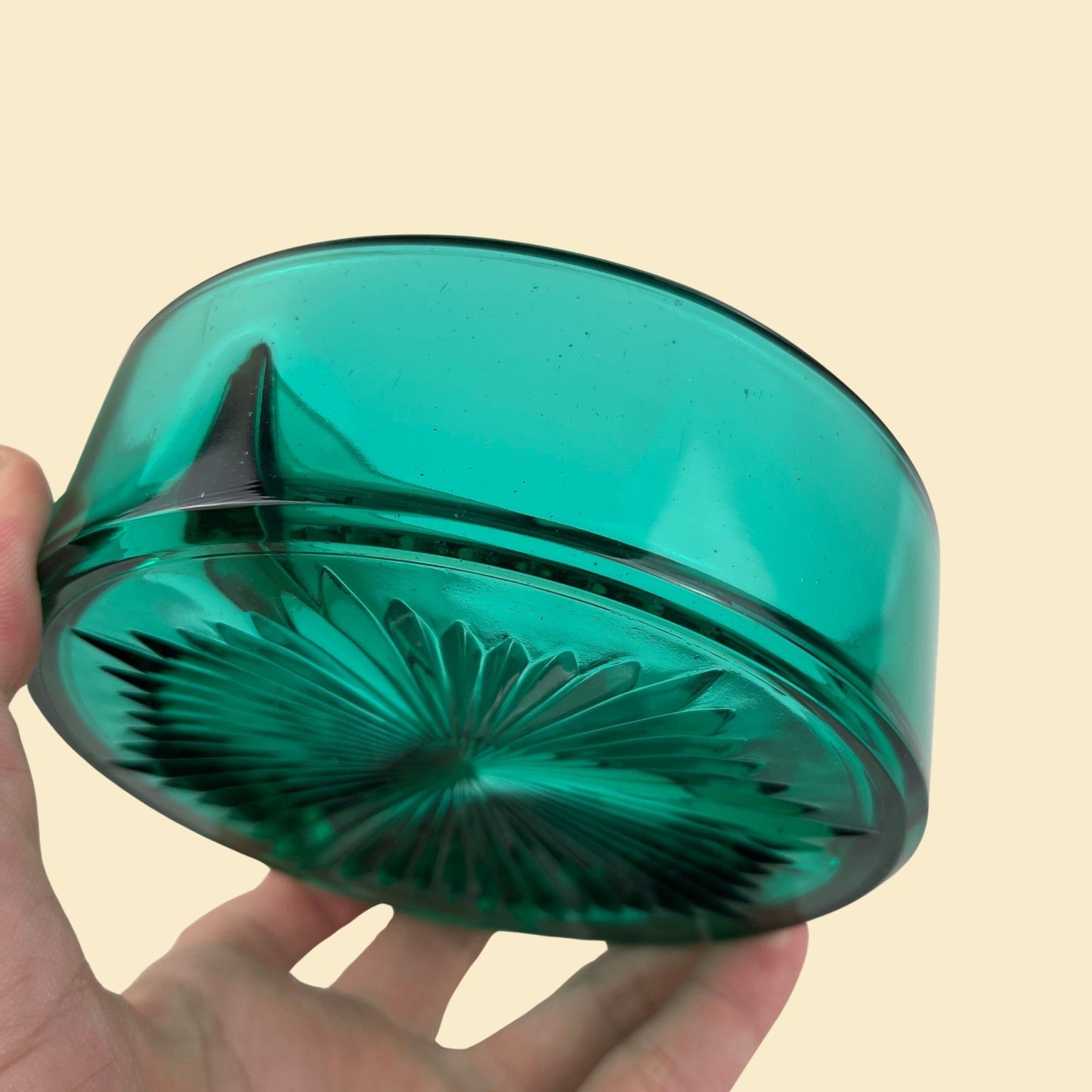 1960s divided green dish, vintage 60s emerald green 3-way glass nut/candy bowl