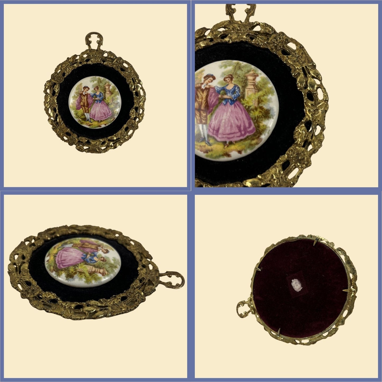 1970s framed porcelain cameo scene, vintage 70s circular brass frame w/ velvet matte-ing and victorian scene