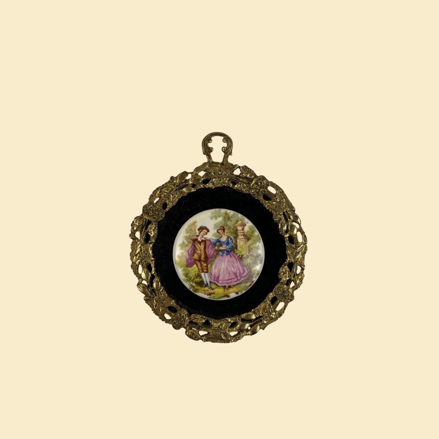 1970s framed porcelain cameo scene, vintage 70s circular brass frame w/ velvet matte-ing and victorian scene