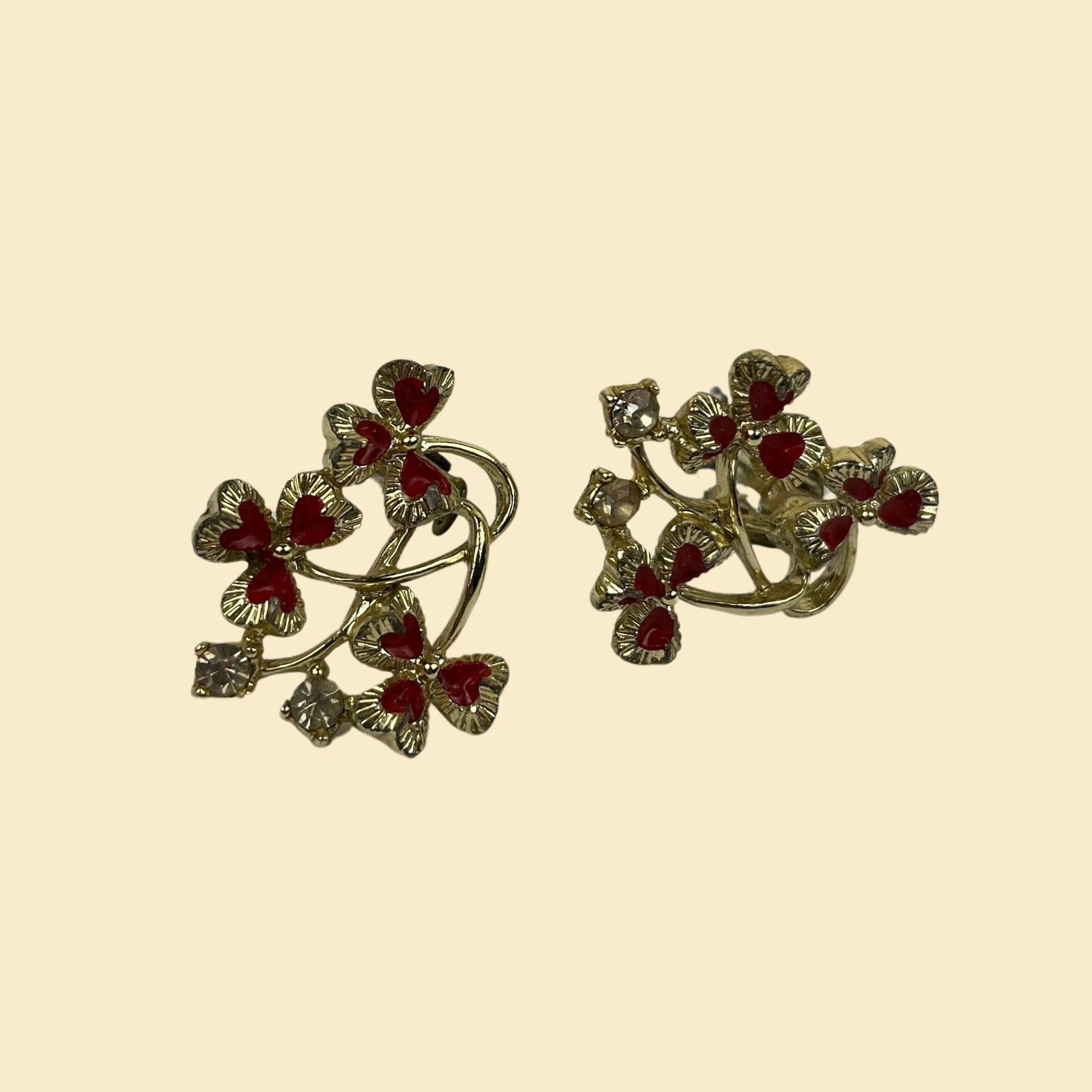 1980s clip on floral earrings, vintage 70s/80s gold & red rhinestone ear bud earrings