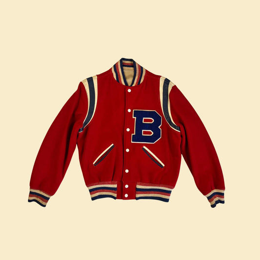 1950s letterman jacket w/ letter "B" by York Arms Co Sporting Goods, vintage 50s men's size 38 snap clasp red, white & blue jacket