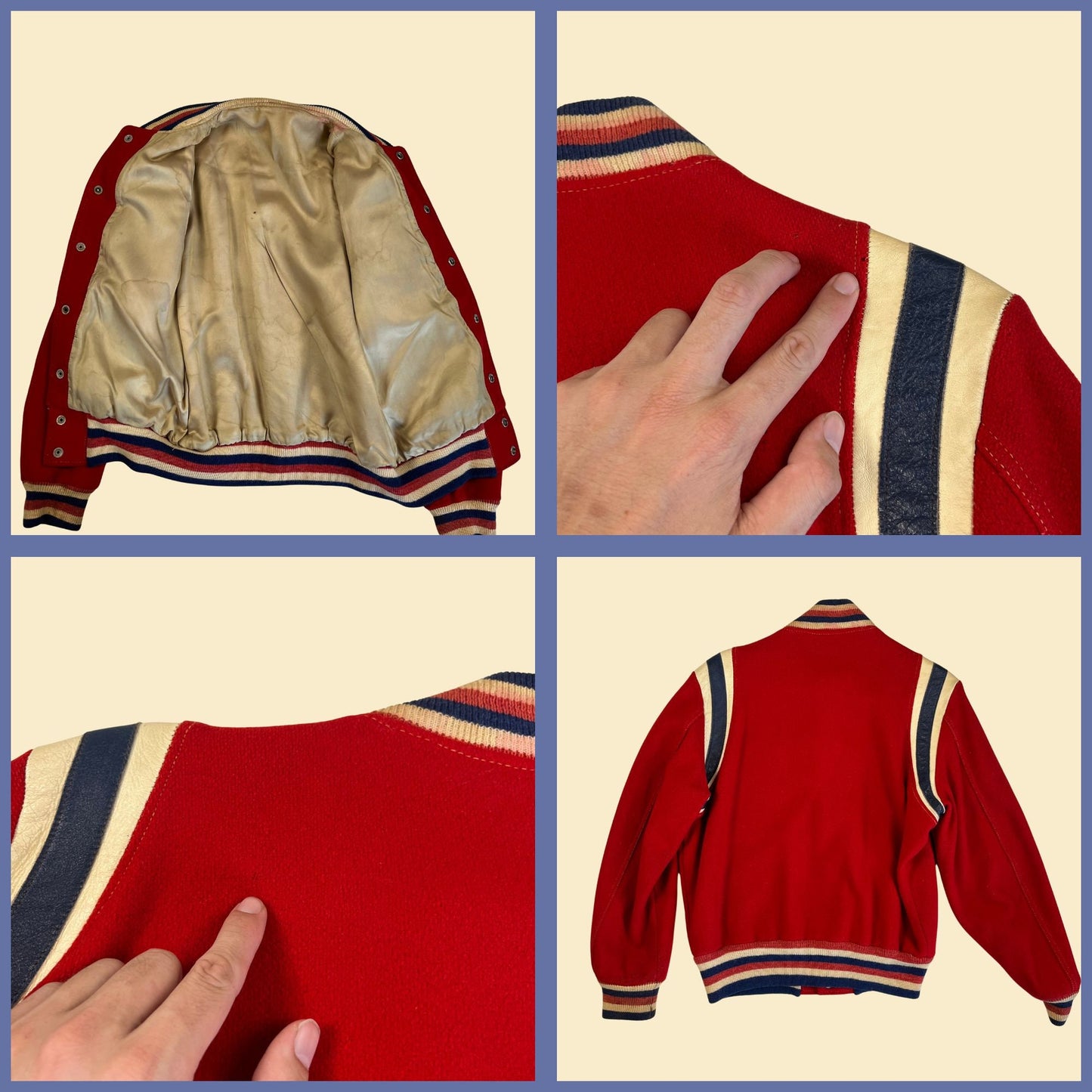 1950s letterman jacket w/ letter "B" by York Arms Co Sporting Goods, vintage 50s men's size 38 snap clasp red, white & blue jacket