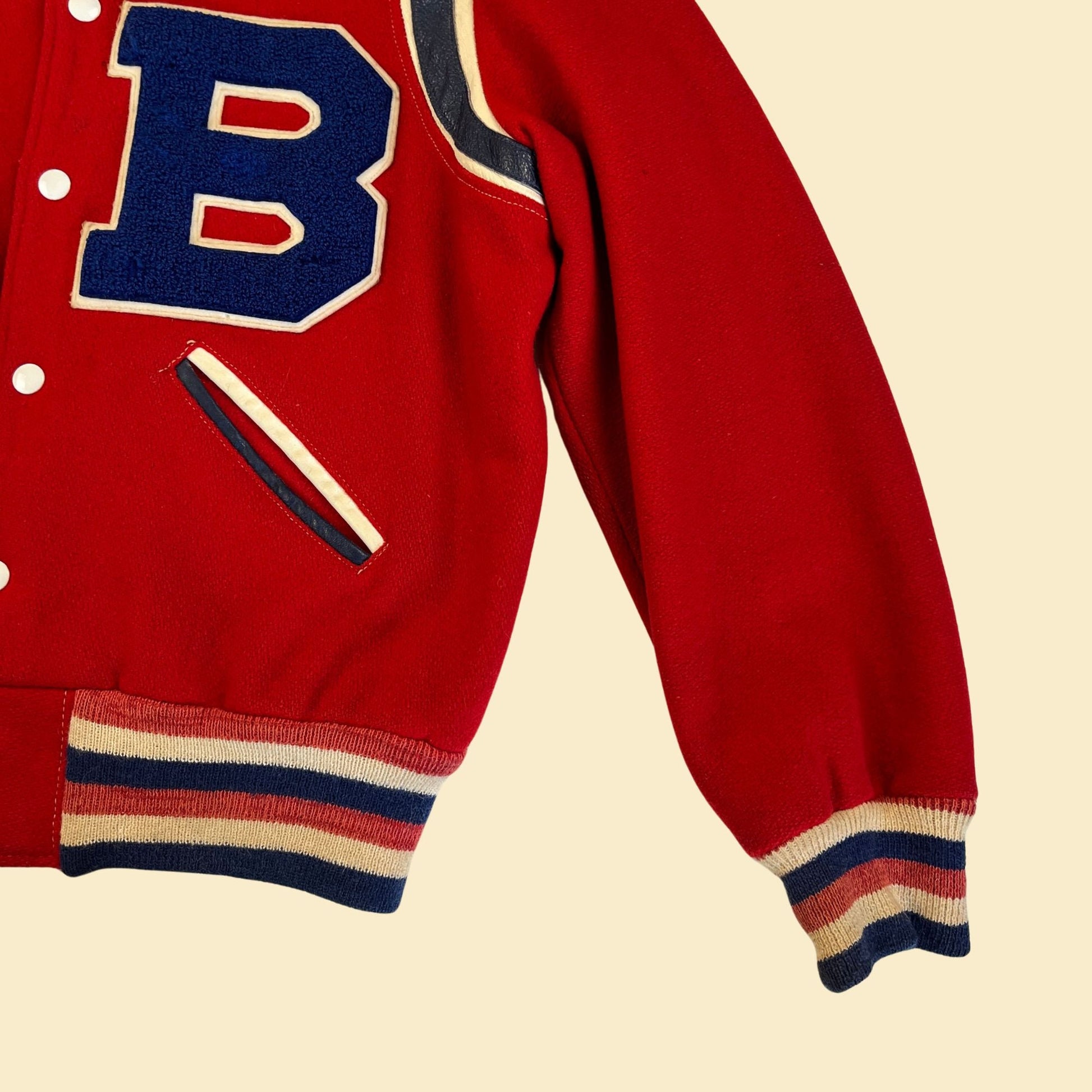 1950s letterman jacket w/ letter "B" by York Arms Co Sporting Goods, vintage 50s men's size 38 snap clasp red, white & blue jacket