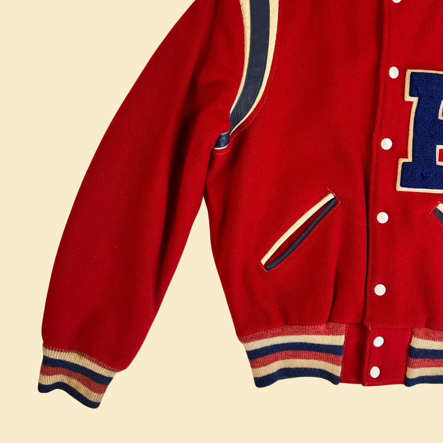 1950s letterman jacket w/ letter "B" by York Arms Co Sporting Goods, vintage 50s men's size 38 snap clasp red, white & blue jacket