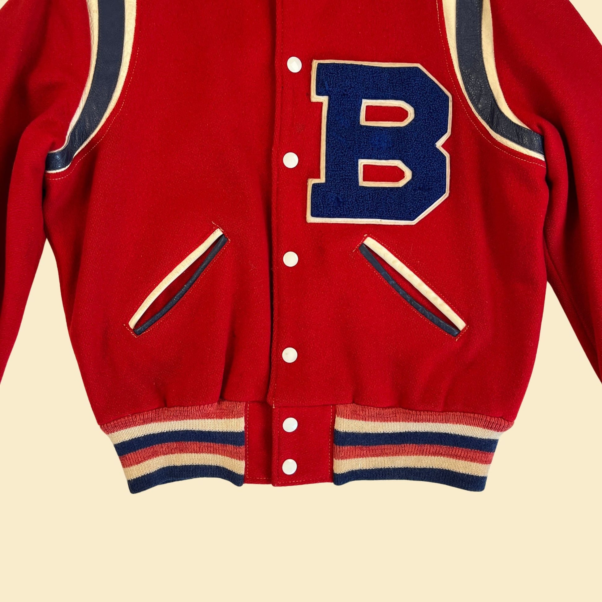 1950s letterman jacket w/ letter "B" by York Arms Co Sporting Goods, vintage 50s men's size 38 snap clasp red, white & blue jacket