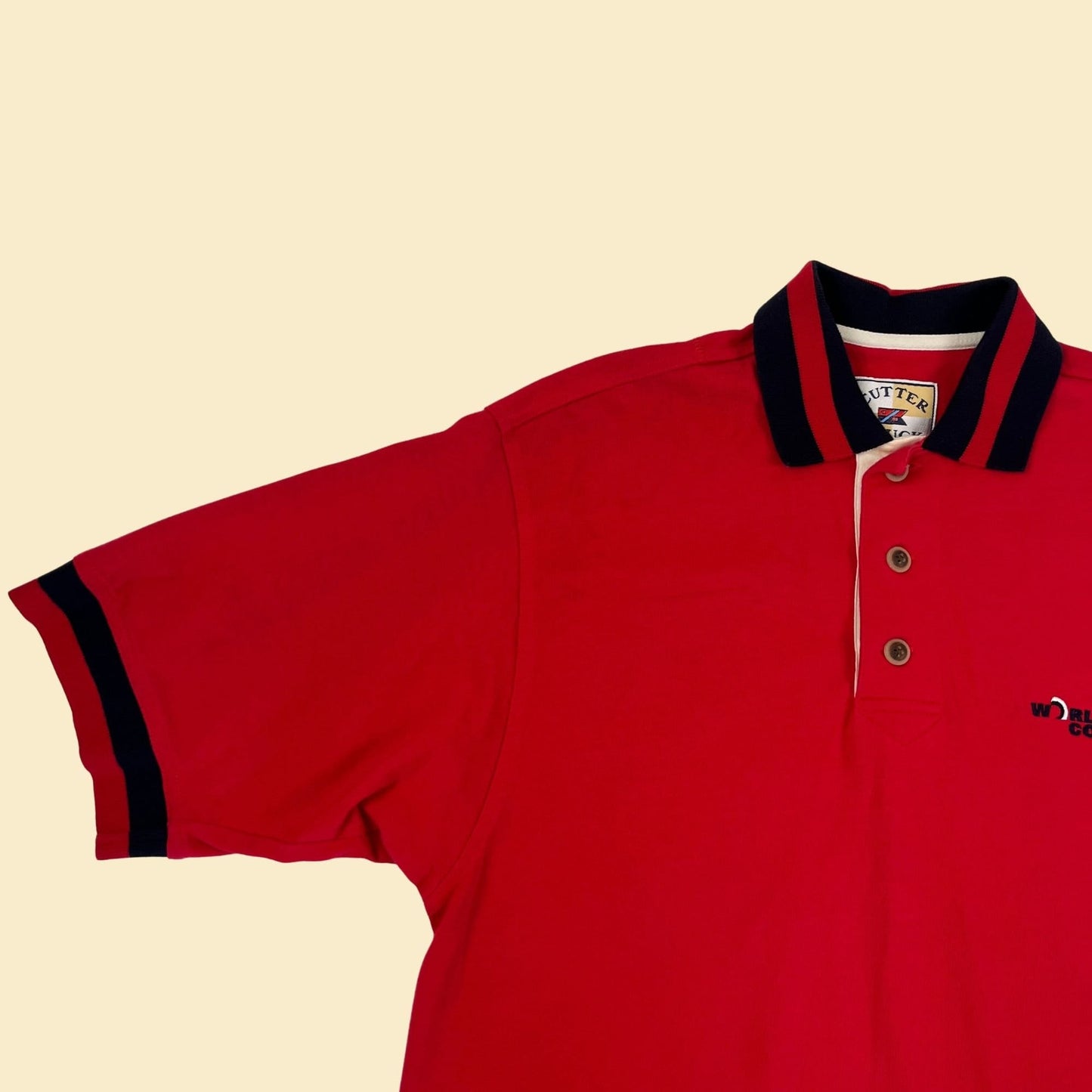 90s/Y2K WorldCom polo shirt, vintage 1990s corporate short sleeve red & blue men's size S shirt