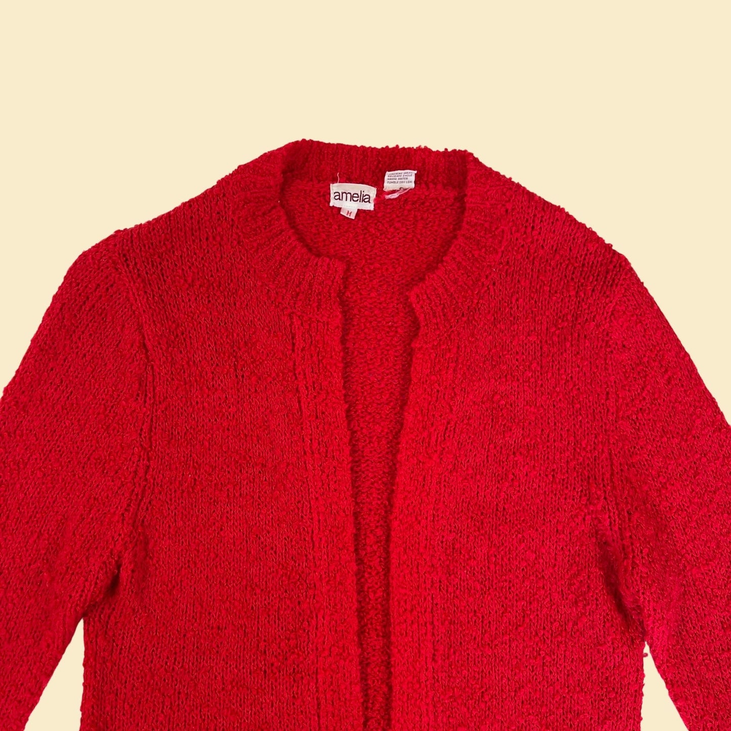 70s/80s red knit cardigan sweater by Amelia, size M vintage 1980s long open sweater with front pockets