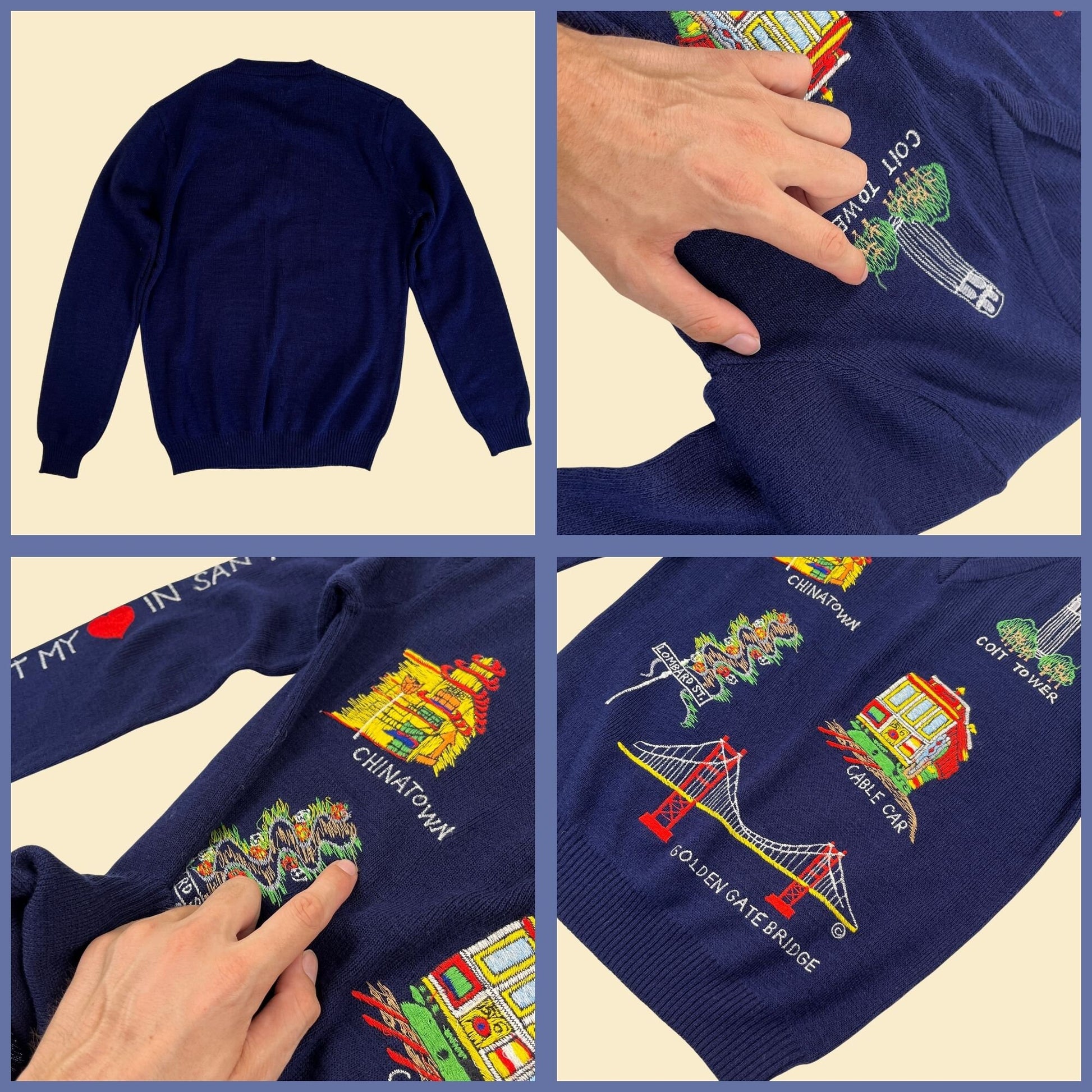 1970s San Francisco sweater, vintage 70s blue v-neck "I left my heart in SF" sweater