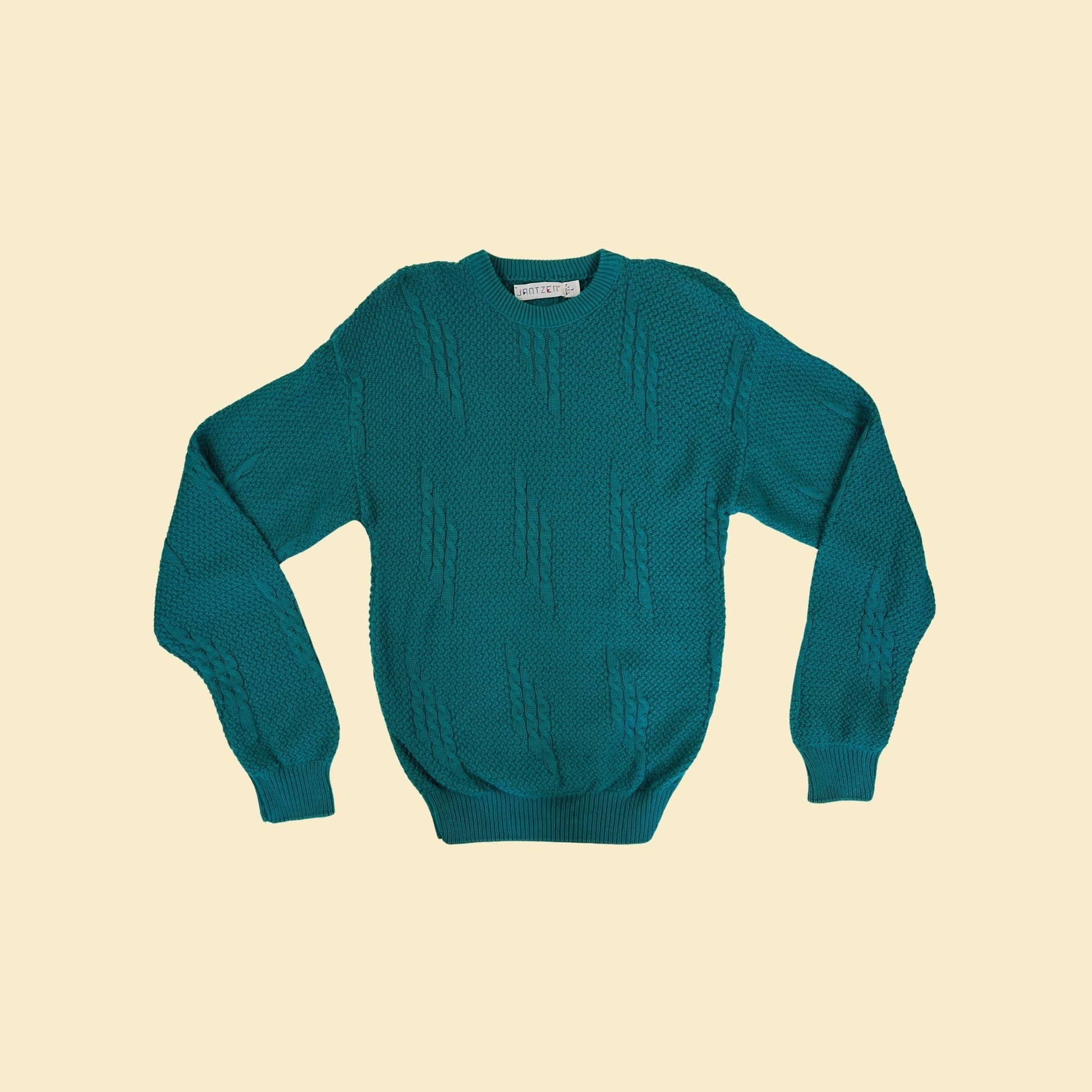 1980s Jantzen sweater, size L teal blue knit vintage 70s sweater w/ crew neck