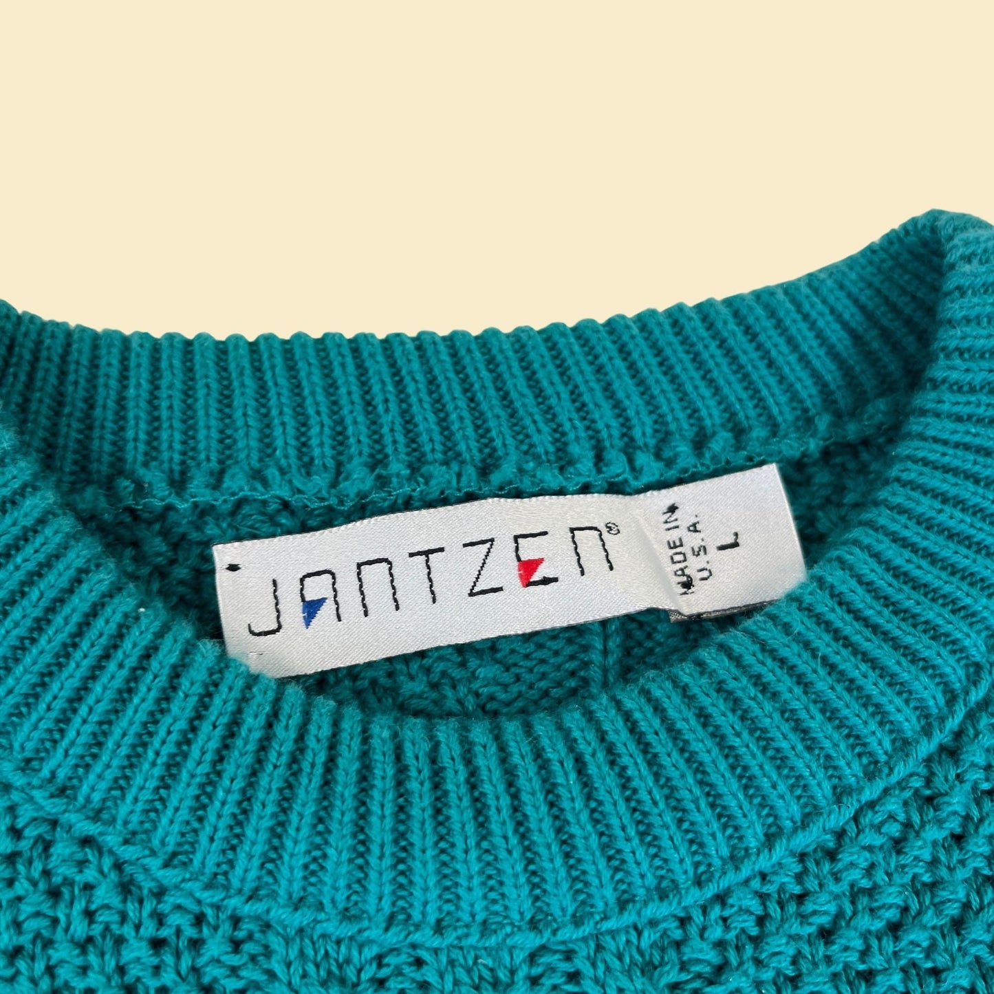 1980s Jantzen sweater, size L teal blue knit vintage 70s sweater w/ crew neck