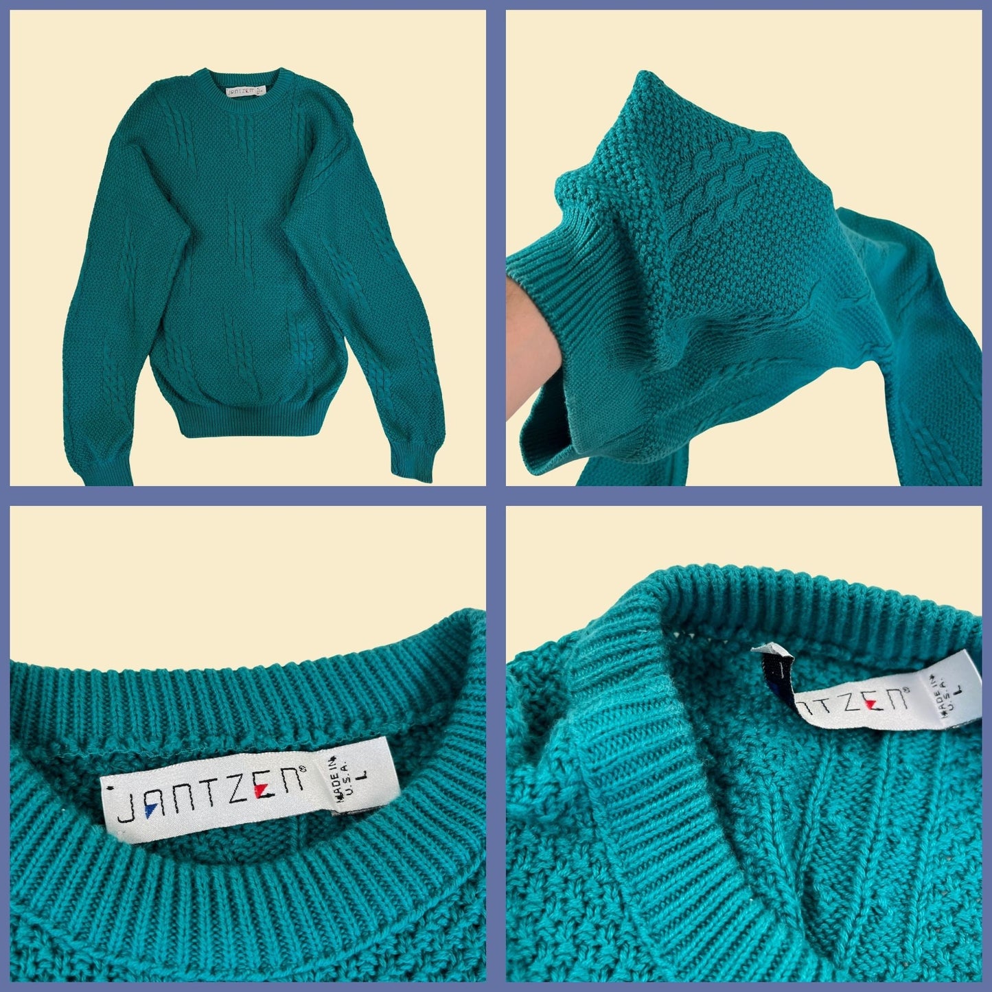 1980s Jantzen sweater, size L teal blue knit vintage 70s sweater w/ crew neck