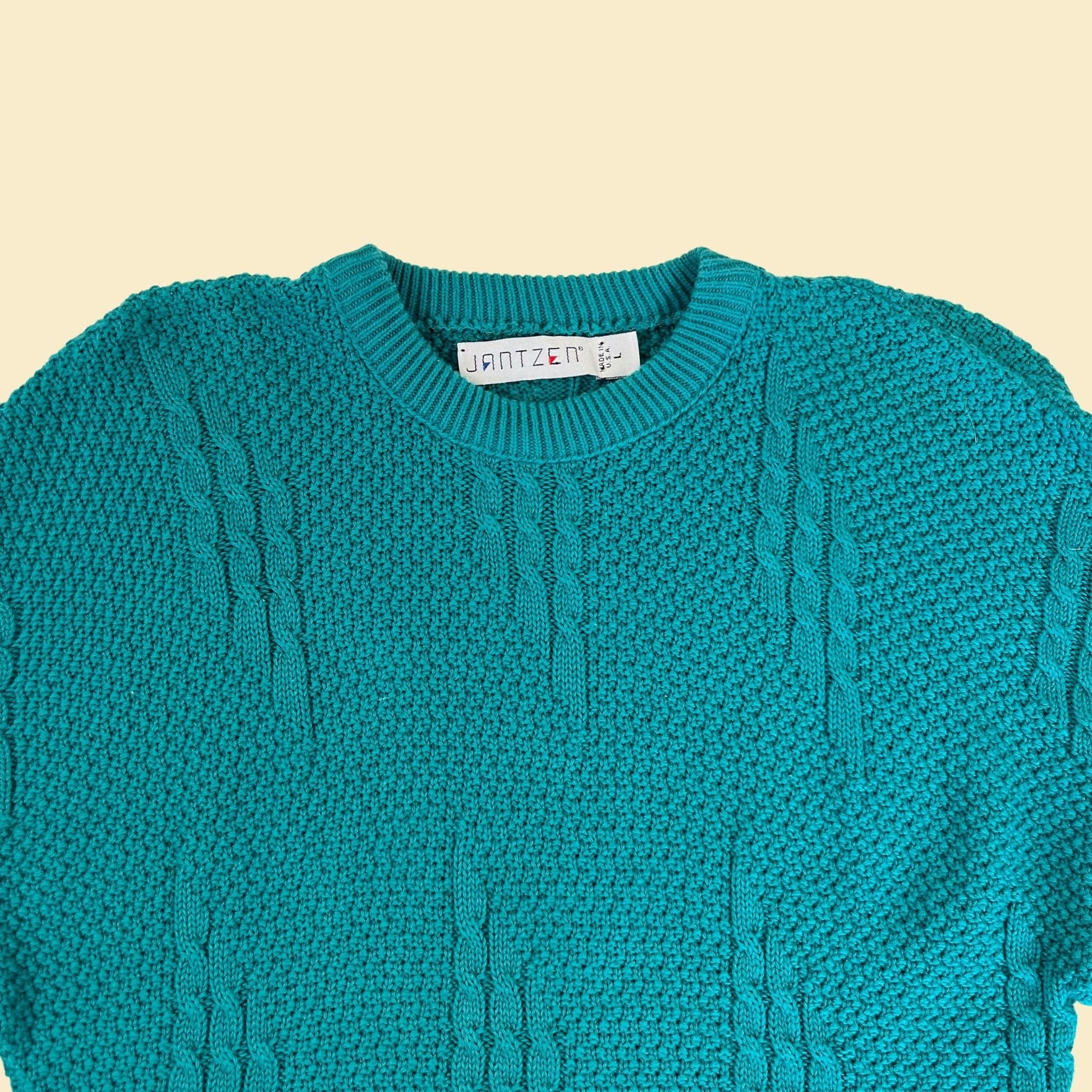 1980s Jantzen sweater, size L teal blue knit vintage 70s sweater w/ crew neck