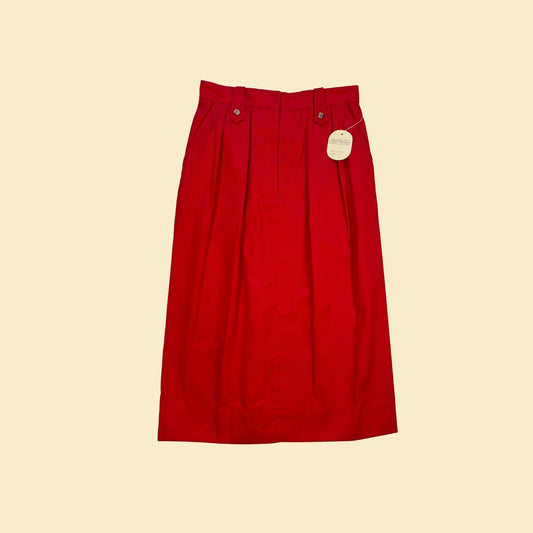 1980s red Nell Flowers midi skirt, vintage 80s size 8 pleated midi skirt, new old stock